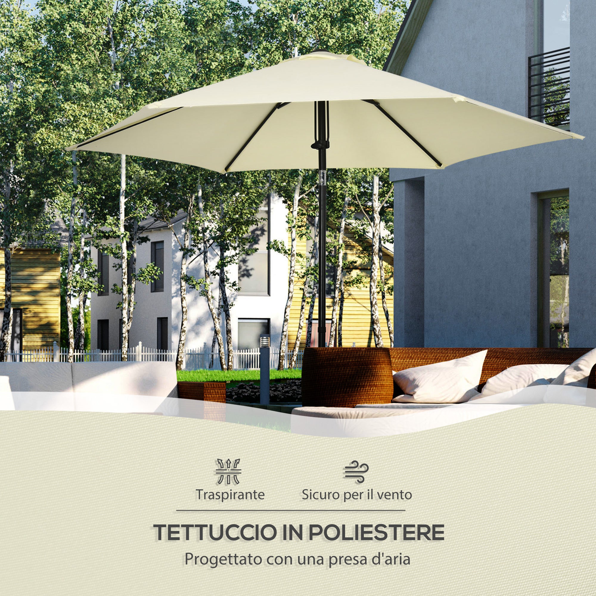 Garden Umbrella 2.7x2.5 m in Polyester and Metal with Adjustable Tilting Canopy at 45°, Beige and Black