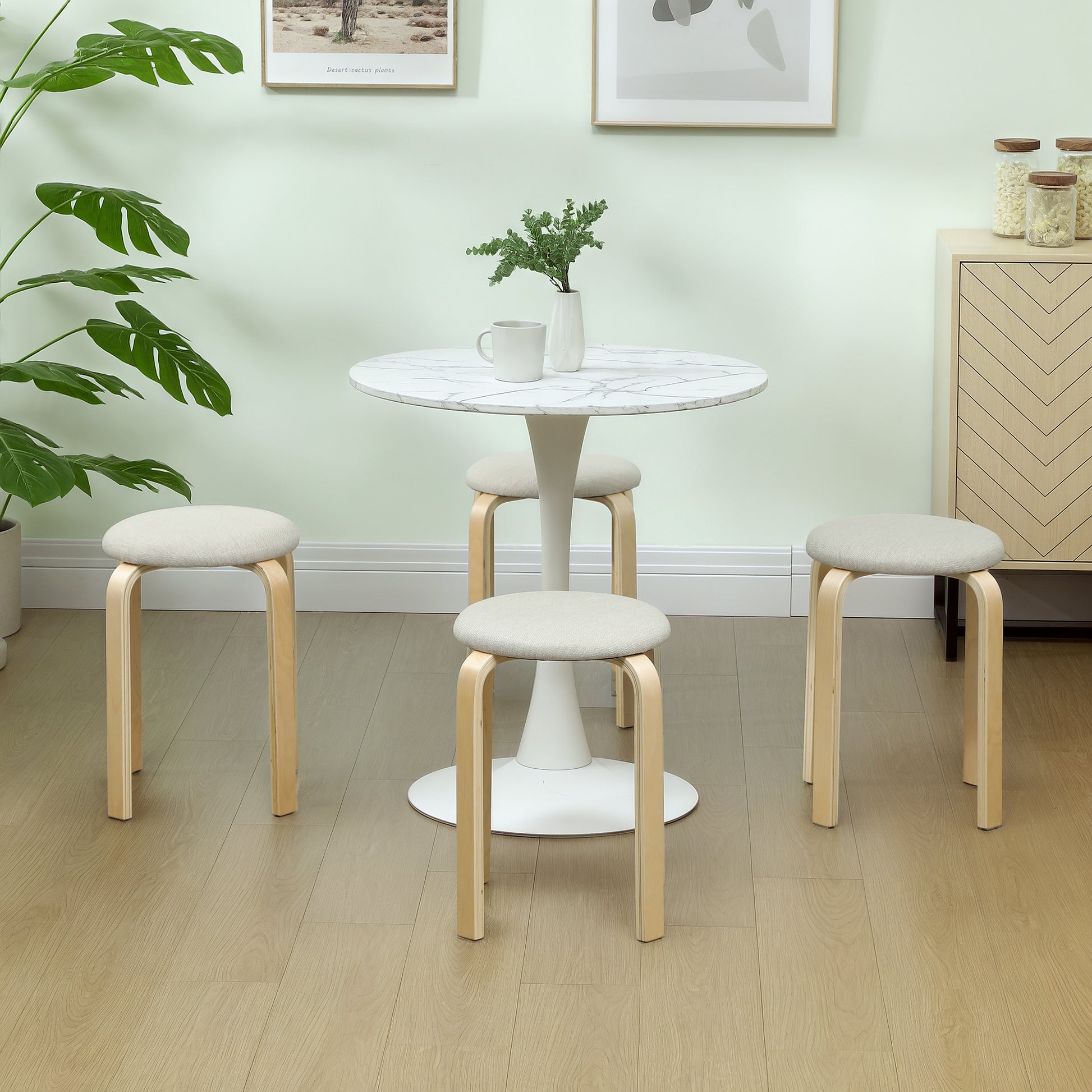 Set of 4 Dining Stools Stackable Round Stools, Kitchen Stools with Linen Look, Padded Stools for Dining Room, Living Room, Kitchen, Cream White
