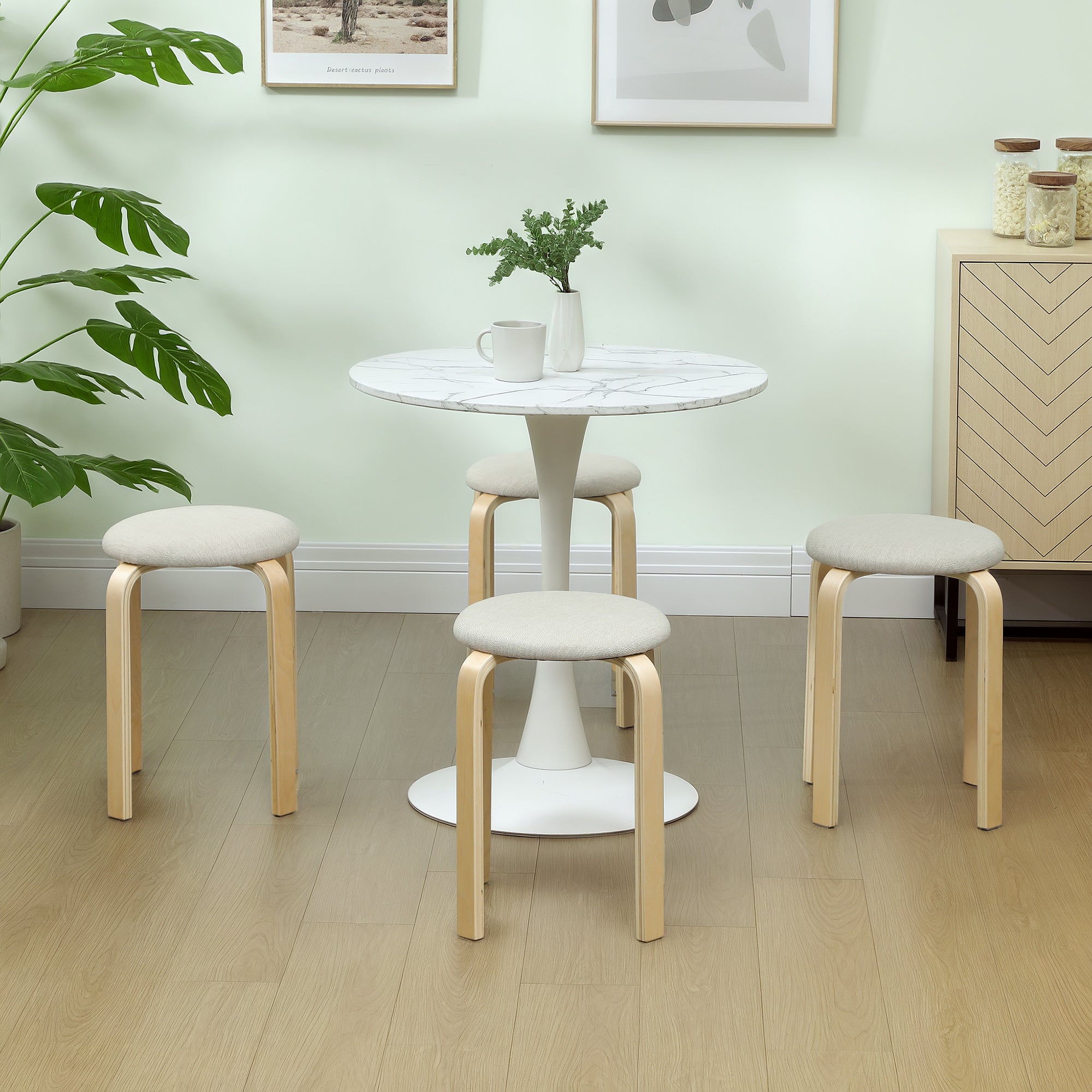 Set of 4 Dining Stools Stackable Round Stools, Kitchen Stools with Linen Look, Padded Stools for Dining Room, Living Room, Kitchen, Cream White