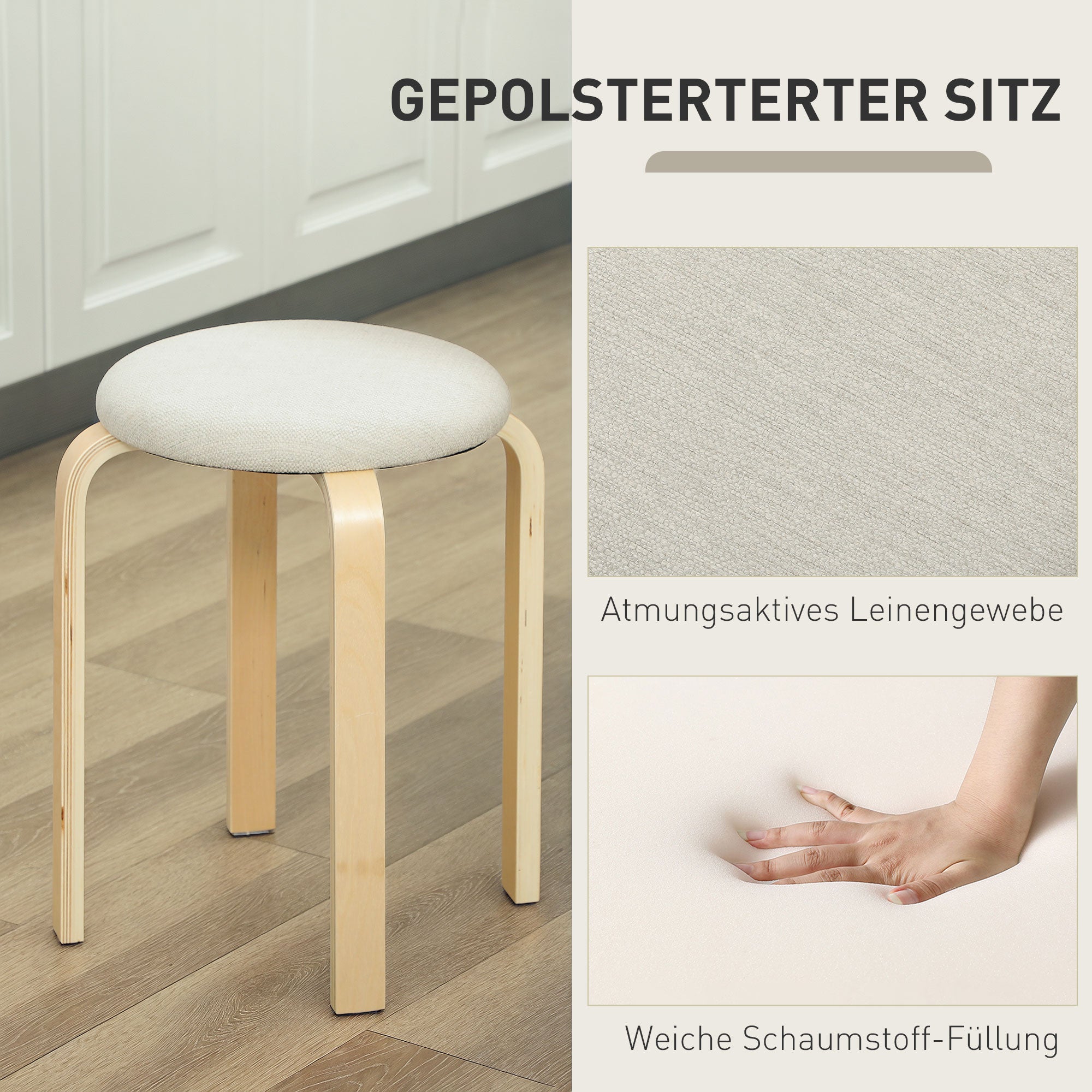 Set of 4 Dining Stools Stackable Round Stools, Kitchen Stools with Linen Look, Padded Stools for Dining Room, Living Room, Kitchen, Cream White