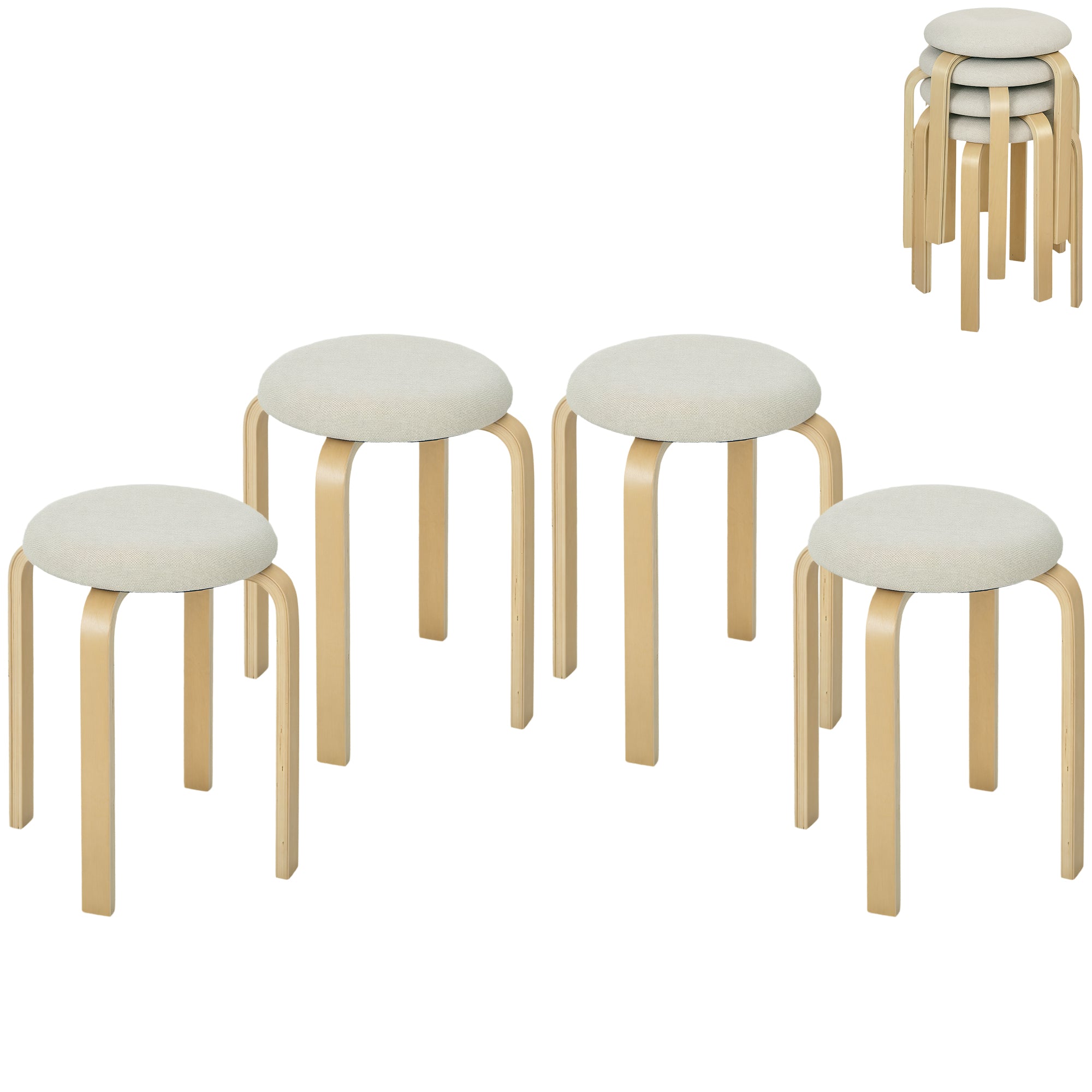 Set of 4 Dining Stools Stackable Round Stools, Kitchen Stools with Linen Look, Padded Stools for Dining Room, Living Room, Kitchen, Cream White