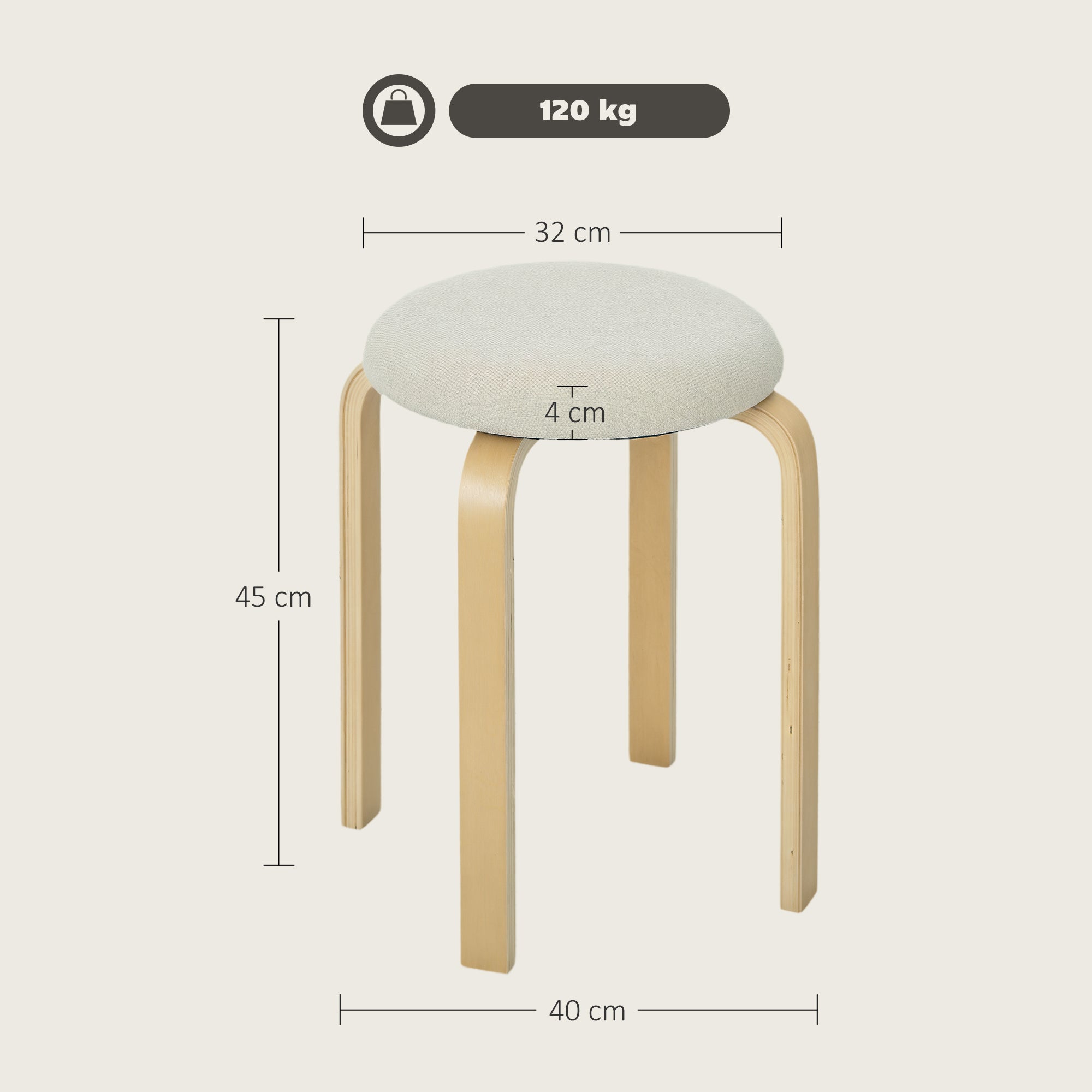 Set of 4 Dining Stools Stackable Round Stools, Kitchen Stools with Linen Look, Padded Stools for Dining Room, Living Room, Kitchen, Cream White