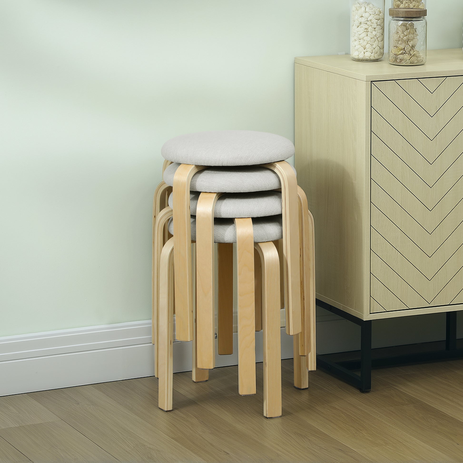 Set of 4 Dining Stools Stackable Round Stools, Kitchen Stools with Linen Look, Padded Stools for Dining Room, Living Room, Kitchen, Cream White