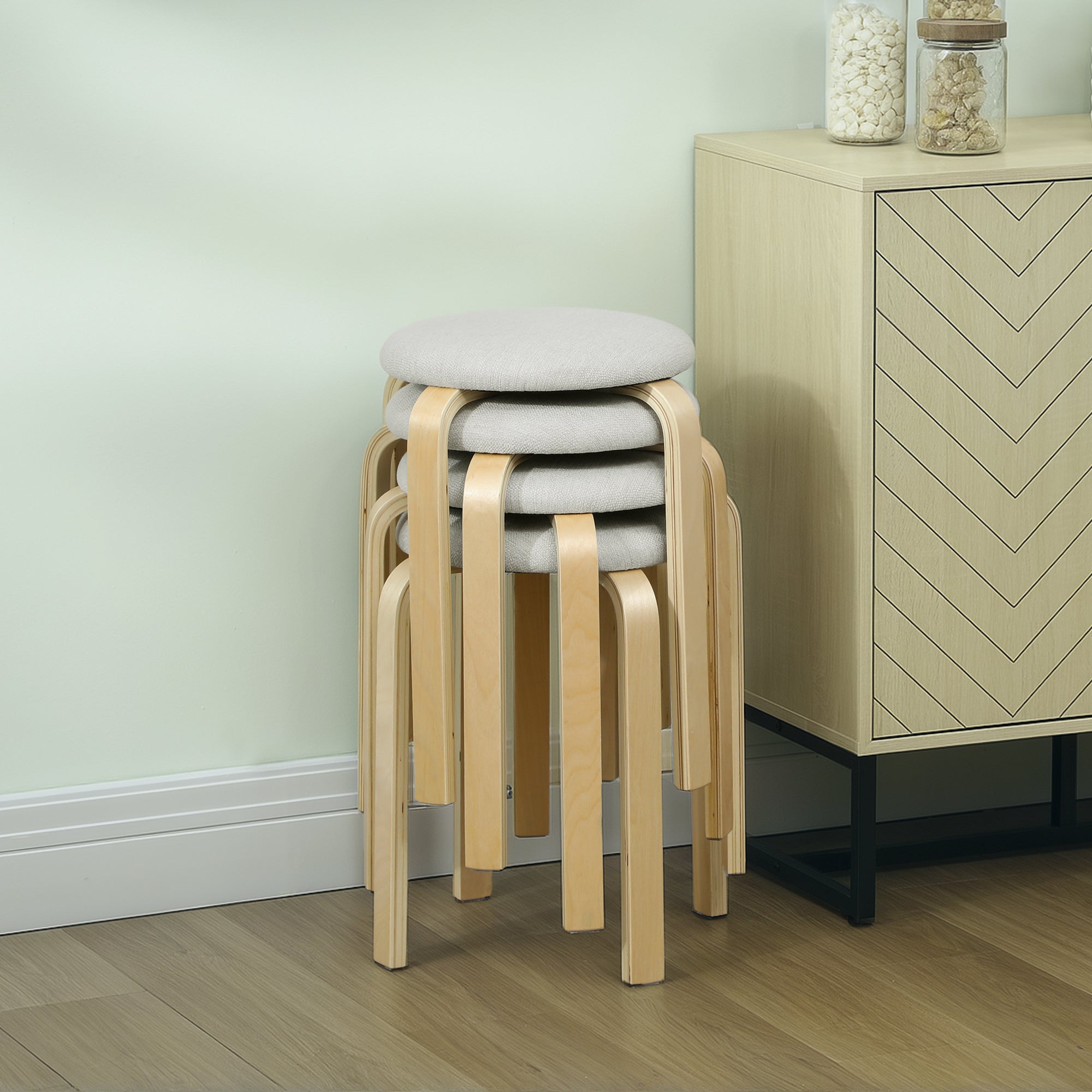 Set of 4 Dining Stools Stackable Round Stools, Kitchen Stools with Linen Look, Padded Stools for Dining Room, Living Room, Kitchen, Cream White