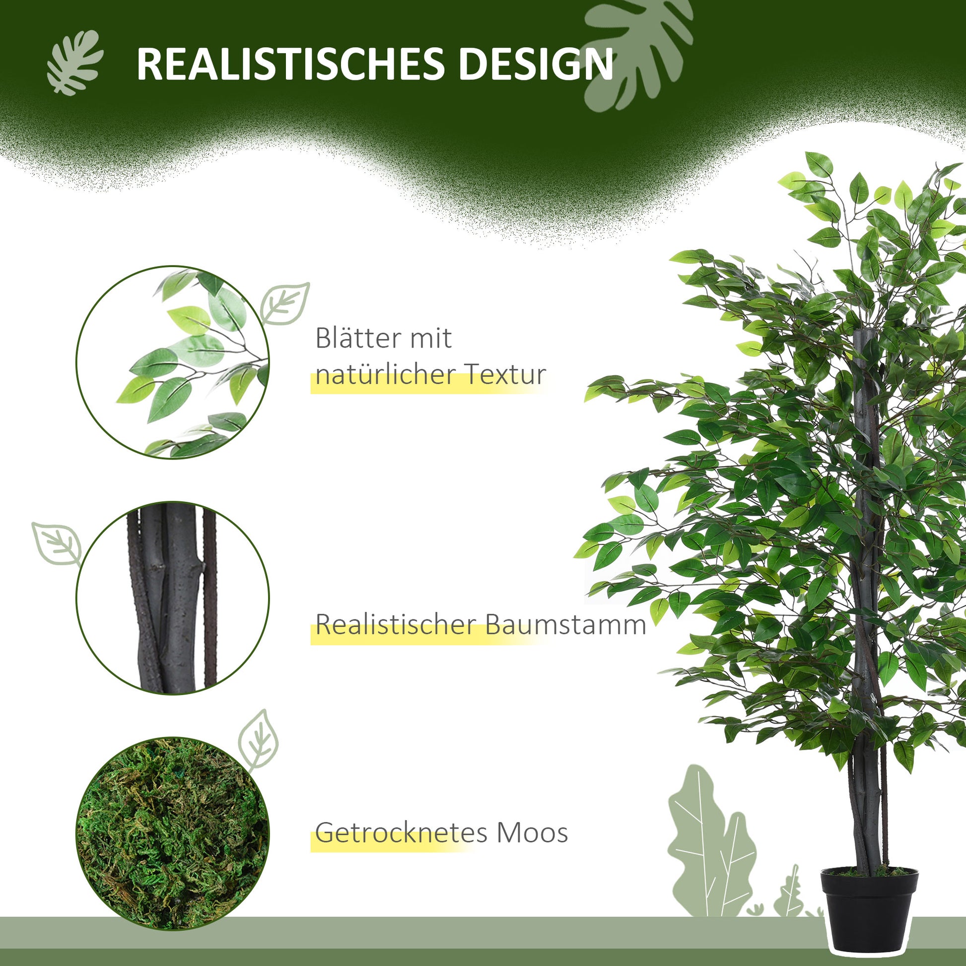 Artificial Ficus Tree Large 145 cm, Artificial Tree, Artificial Plant, Plastic Artificial Plant in Pot, Fake Plant Like Real for Living Room Bedroom Office Garden Modern Decoration Gift
