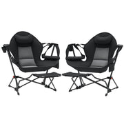 Pack 2 Garden Rocking Chair with Footrest Folding Camping Chair with Headrest Cup Holders Pockets and Carrying Bag 120 kg Load Capacity for Beach Camping Fishing Black