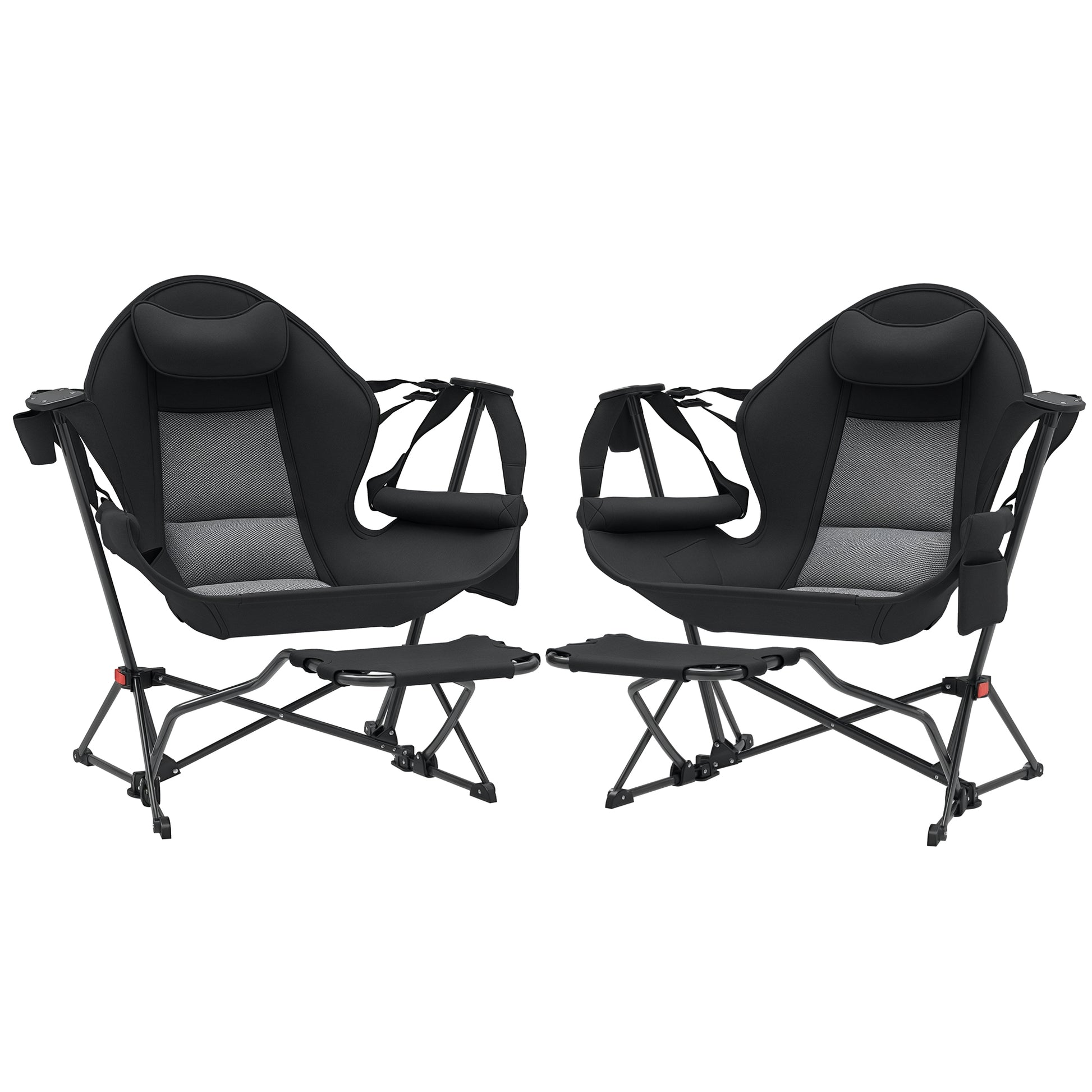 Pack 2 Garden Rocking Chair with Footrest Folding Camping Chair with Headrest Cup Holders Pockets and Carrying Bag 120 kg Load Capacity for Beach Camping Fishing Black