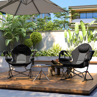 Pack 2 Garden Rocking Chair with Footrest Folding Camping Chair with Headrest Cup Holders Pockets and Carrying Bag 120 kg Load Capacity for Beach Camping Fishing Black