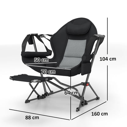 Pack 2 Garden Rocking Chair with Footrest Folding Camping Chair with Headrest Cup Holders Pockets and Carrying Bag 120 kg Load Capacity for Beach Camping Fishing Black