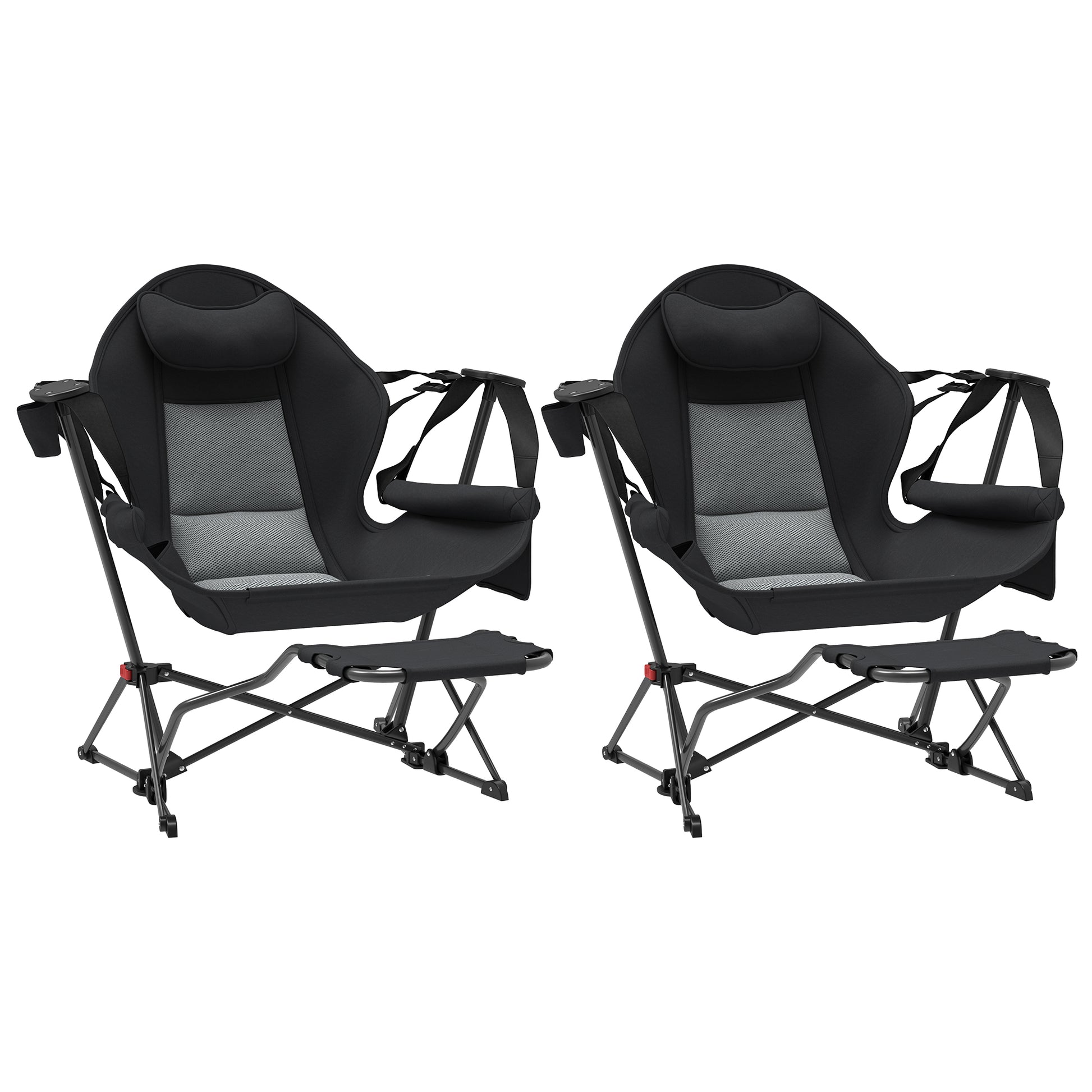 Pack 2 Garden Rocking Chair with Footrest Folding Camping Chair with Headrest Cup Holders Pockets and Carrying Bag 120 kg Load Capacity for Beach Camping Fishing Black