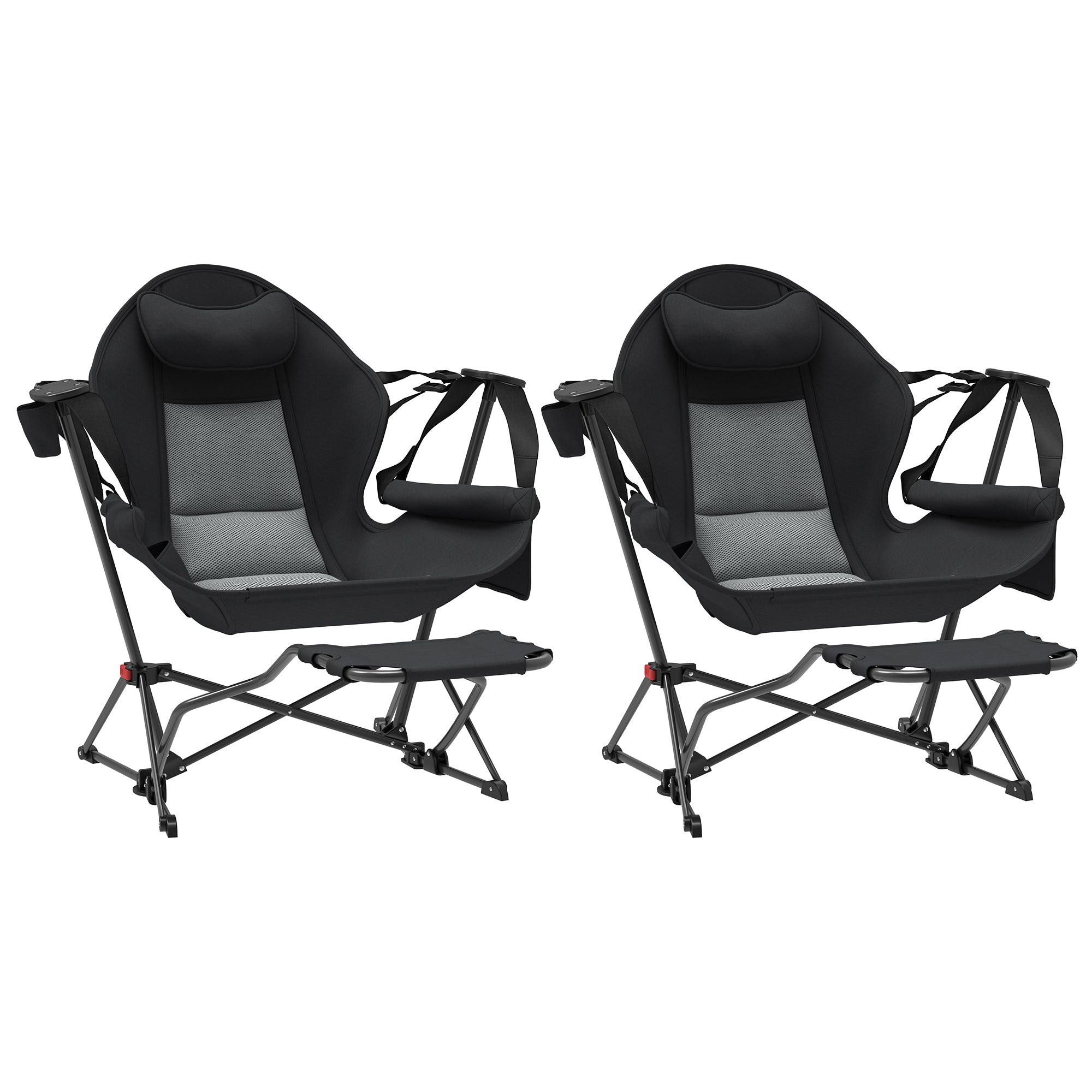 Pack 2 Garden Rocking Chair with Footrest Folding Camping Chair with Headrest Cup Holders Pockets and Carrying Bag 120 kg Load Capacity for Beach Camping Fishing Black