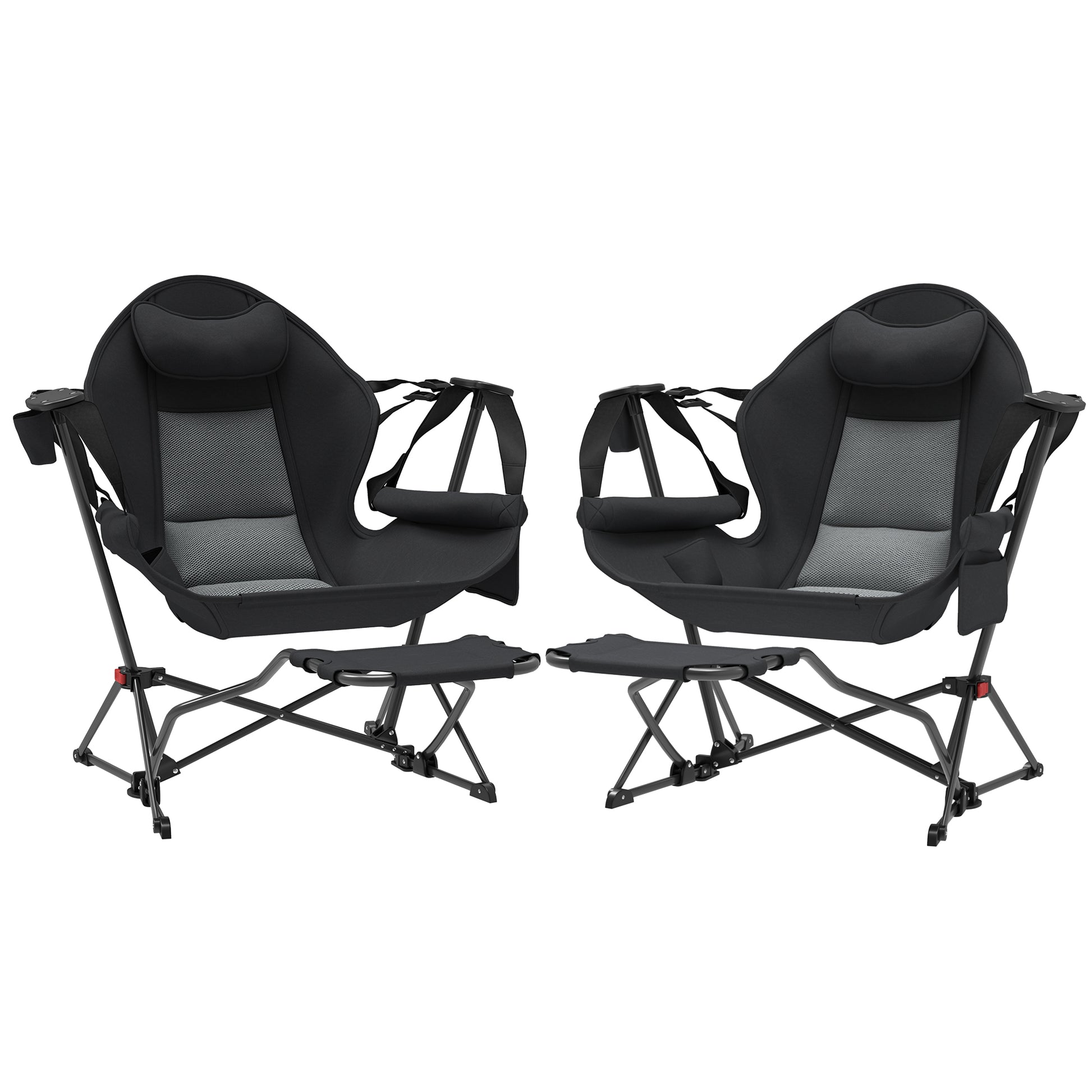 Pack 2 Garden Rocking Chair with Footrest Folding Camping Chair with Headrest Cup Holders Pockets and Carrying Bag 120 kg Load Capacity for Beach Camping Fishing Black
