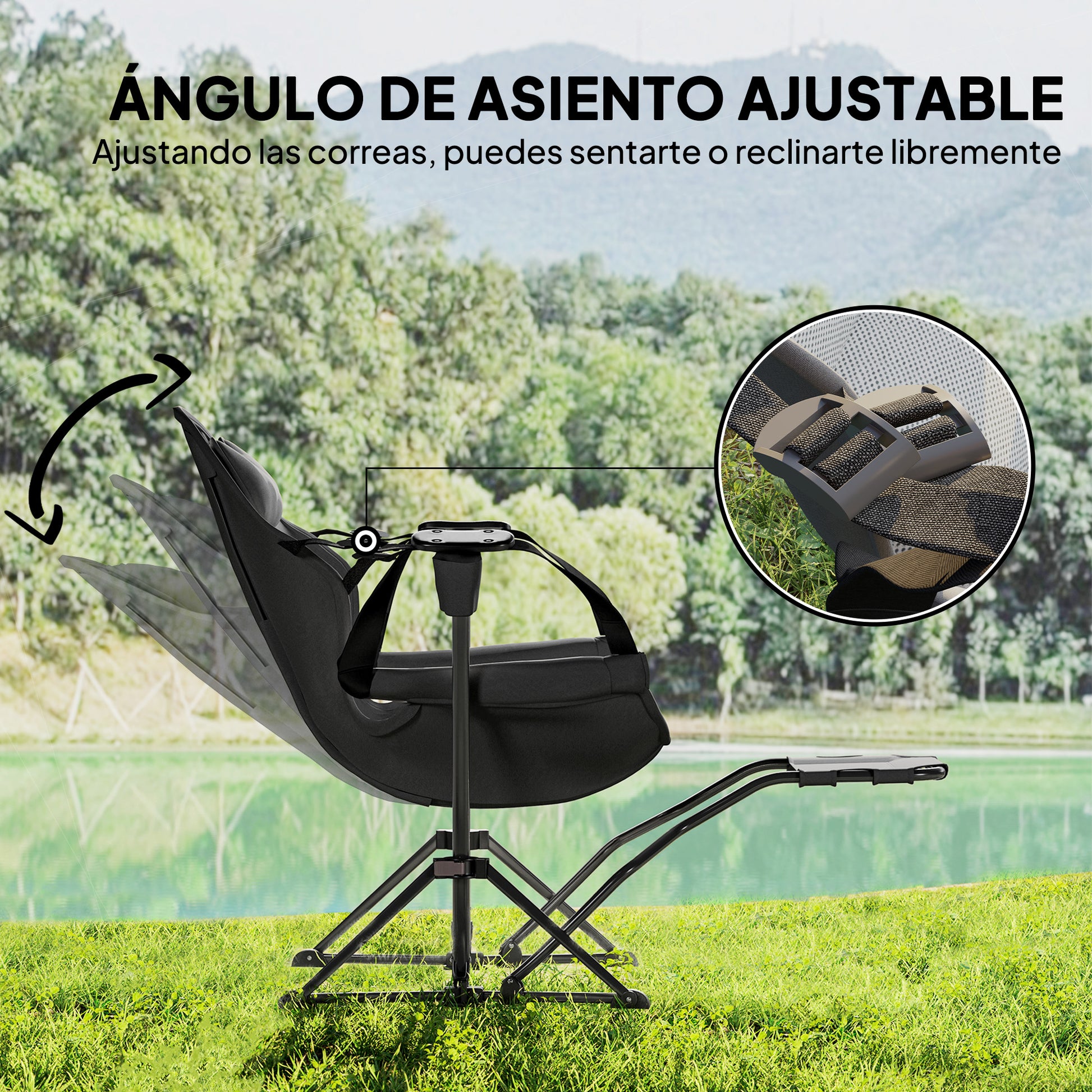 Pack 2 Garden Rocking Chair with Footrest Folding Camping Chair with Headrest Cup Holders Pockets and Carrying Bag 120 kg Load Capacity for Beach Camping Fishing Black