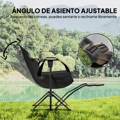 Pack 2 Garden Rocking Chair with Footrest Folding Camping Chair with Headrest Cup Holders Pockets and Carrying Bag 120 kg Load Capacity for Beach Camping Fishing Black