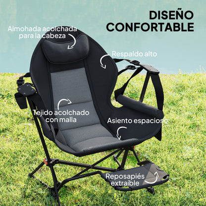 Pack 2 Garden Rocking Chair with Footrest Folding Camping Chair with Headrest Cup Holders Pockets and Carrying Bag 120 kg Load Capacity for Beach Camping Fishing Black