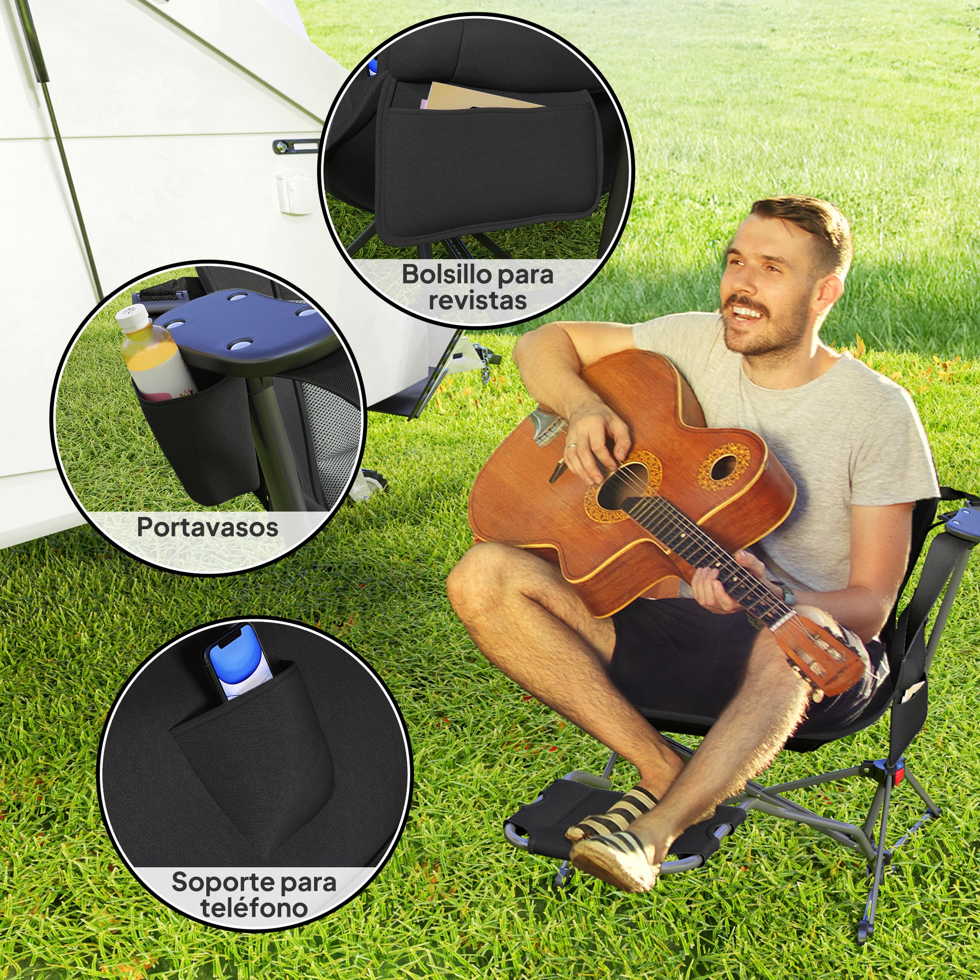Pack 2 Garden Rocking Chair with Footrest Folding Camping Chair with Headrest Cup Holders Pockets and Carrying Bag 120 kg Load Capacity for Beach Camping Fishing Black