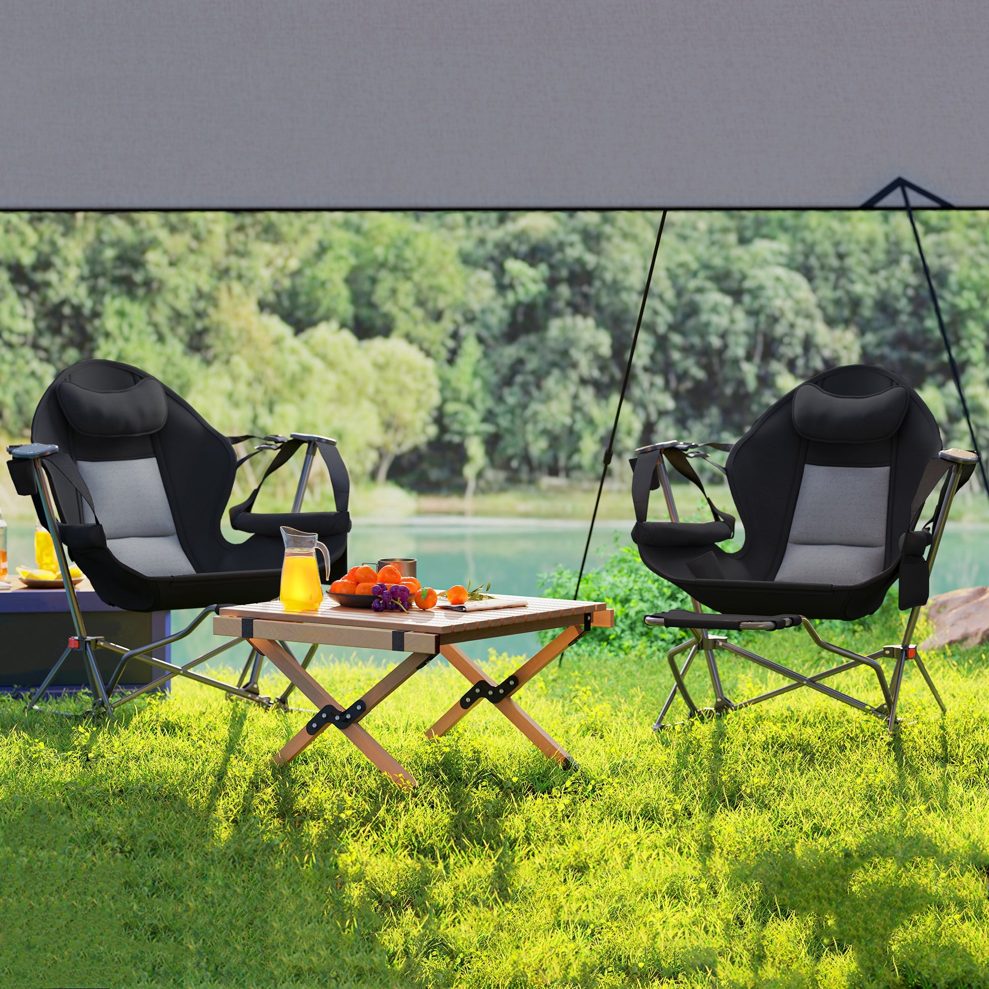 Pack 2 Garden Rocking Chair with Footrest Folding Camping Chair with Headrest Cup Holders Pockets and Carrying Bag 120 kg Load Capacity for Beach Camping Fishing Black