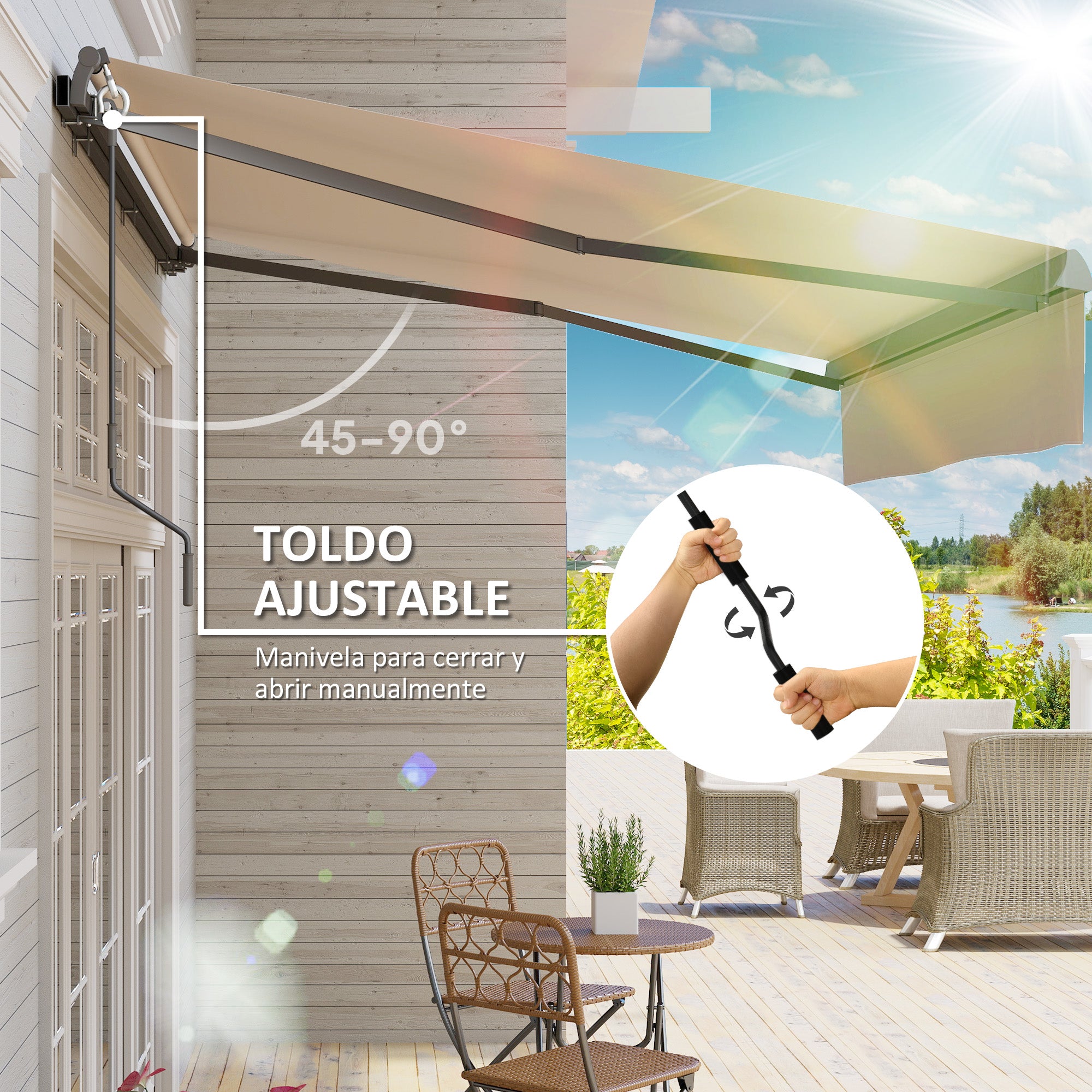 Retractable Manual Awning 3x2 m Outdoor Patio Adjustable Roll-Out Awning with UV50+ Protection Aluminum and Metal Frame for Balcony Garden Cream