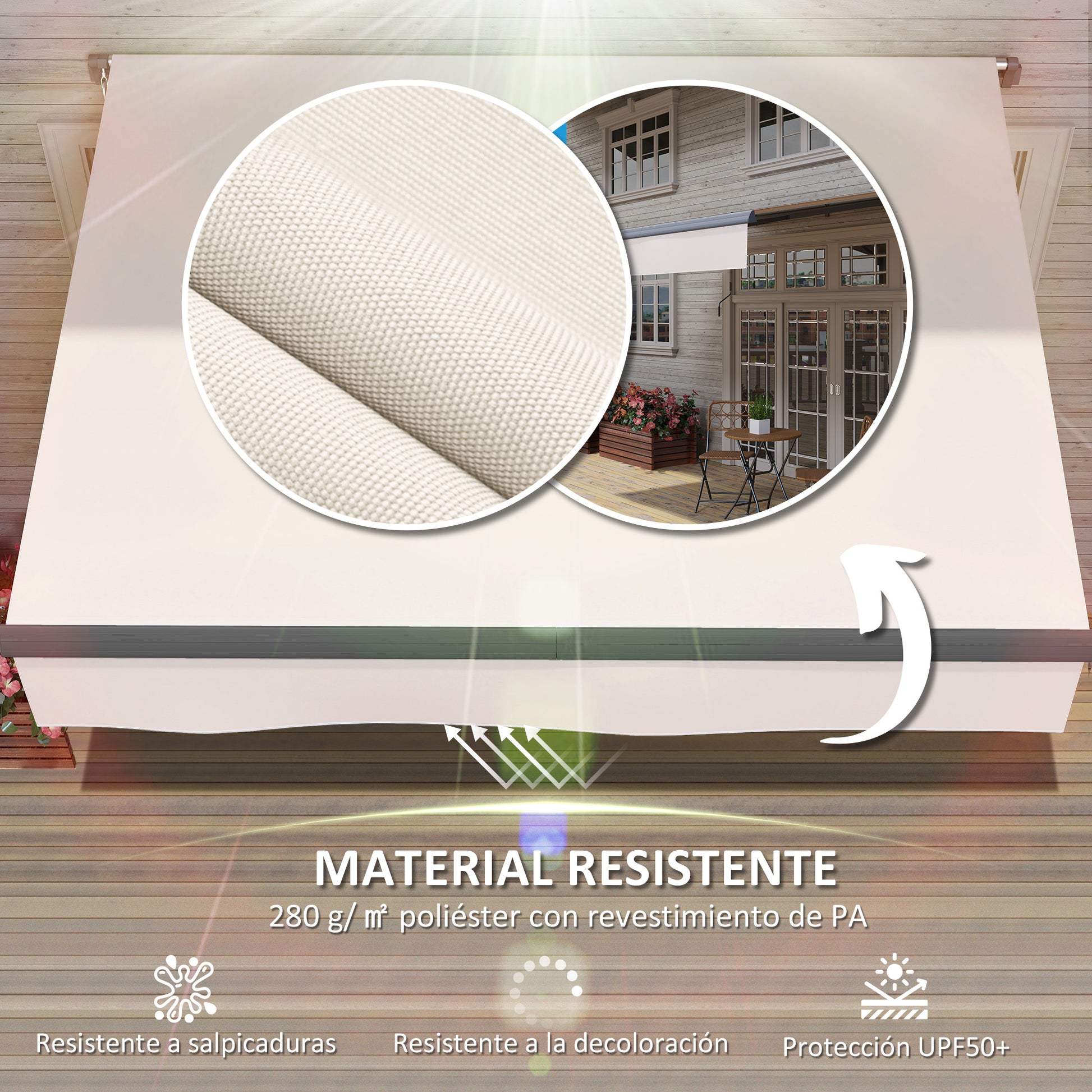 Retractable Manual Awning 3x2 m Outdoor Patio Adjustable Roll-Out Awning with UV50+ Protection Aluminum and Metal Frame for Balcony Garden Cream