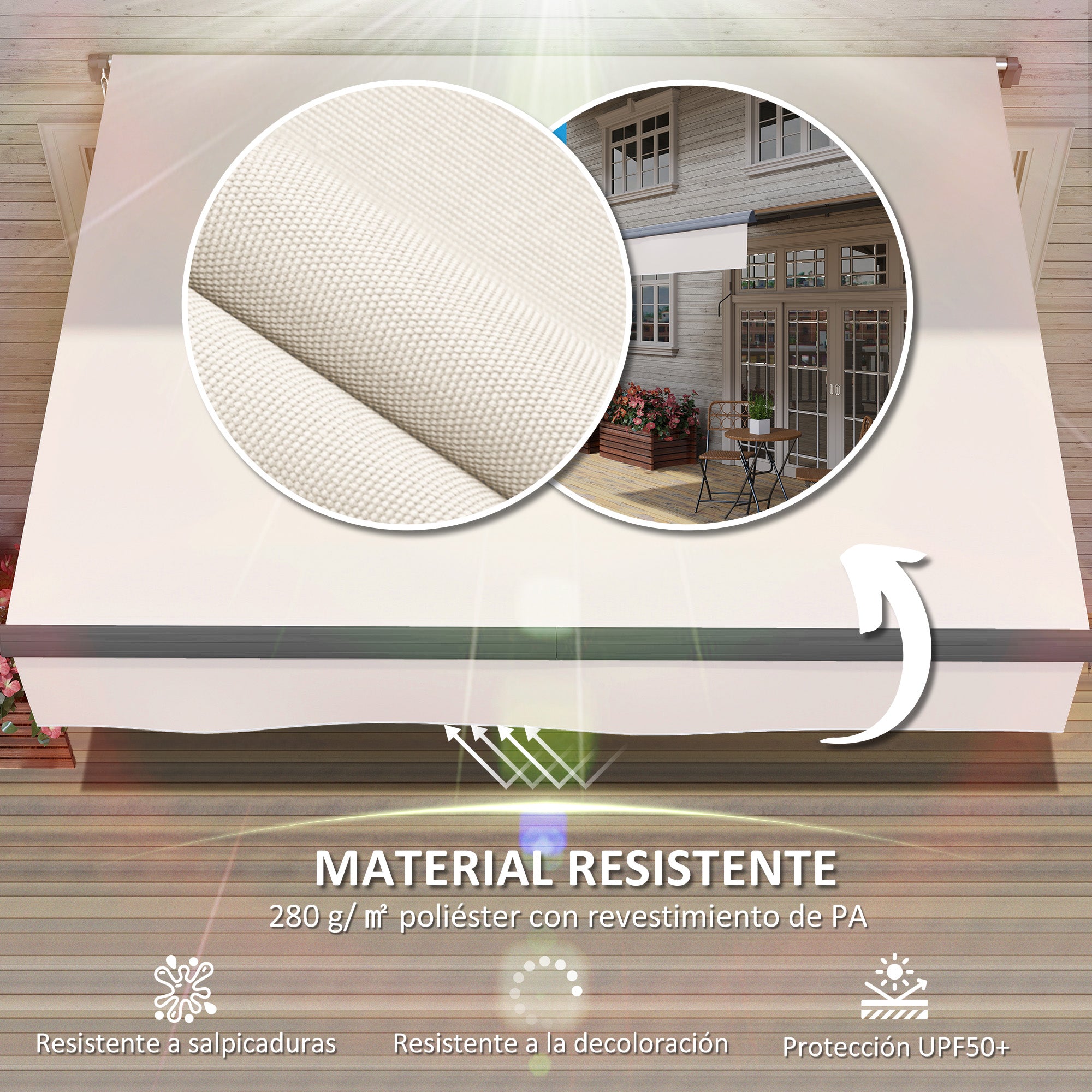 Retractable Manual Awning 3x2 m Outdoor Patio Adjustable Roll-Out Awning with UV50+ Protection Aluminum and Metal Frame for Balcony Garden Cream