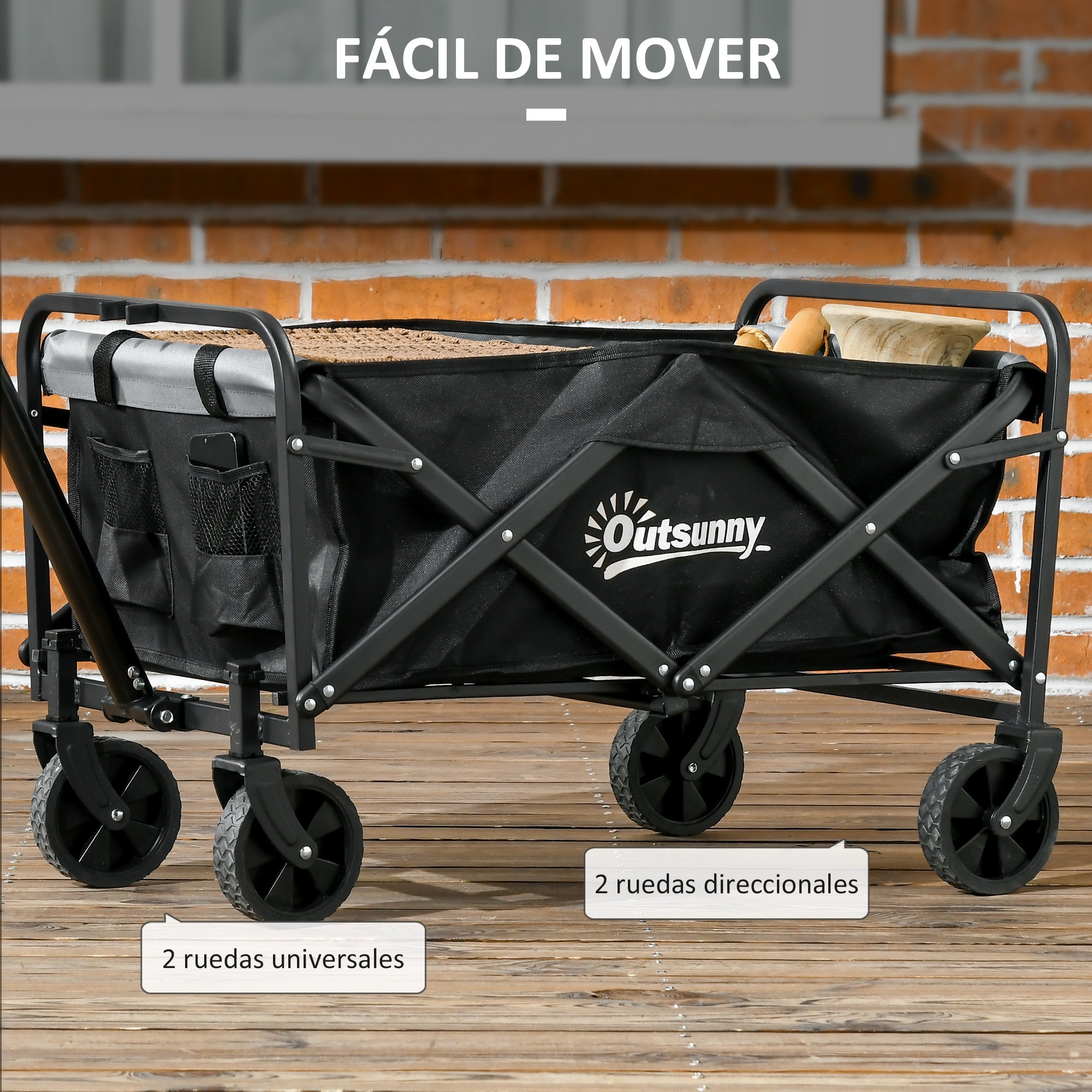 Garden Cart Beach Cart Folding Cart with 4 Adjustable Wheels Length and Angle of Handle Adjustable 70 L Capacity 80 kg Load for Shopping Camping Black