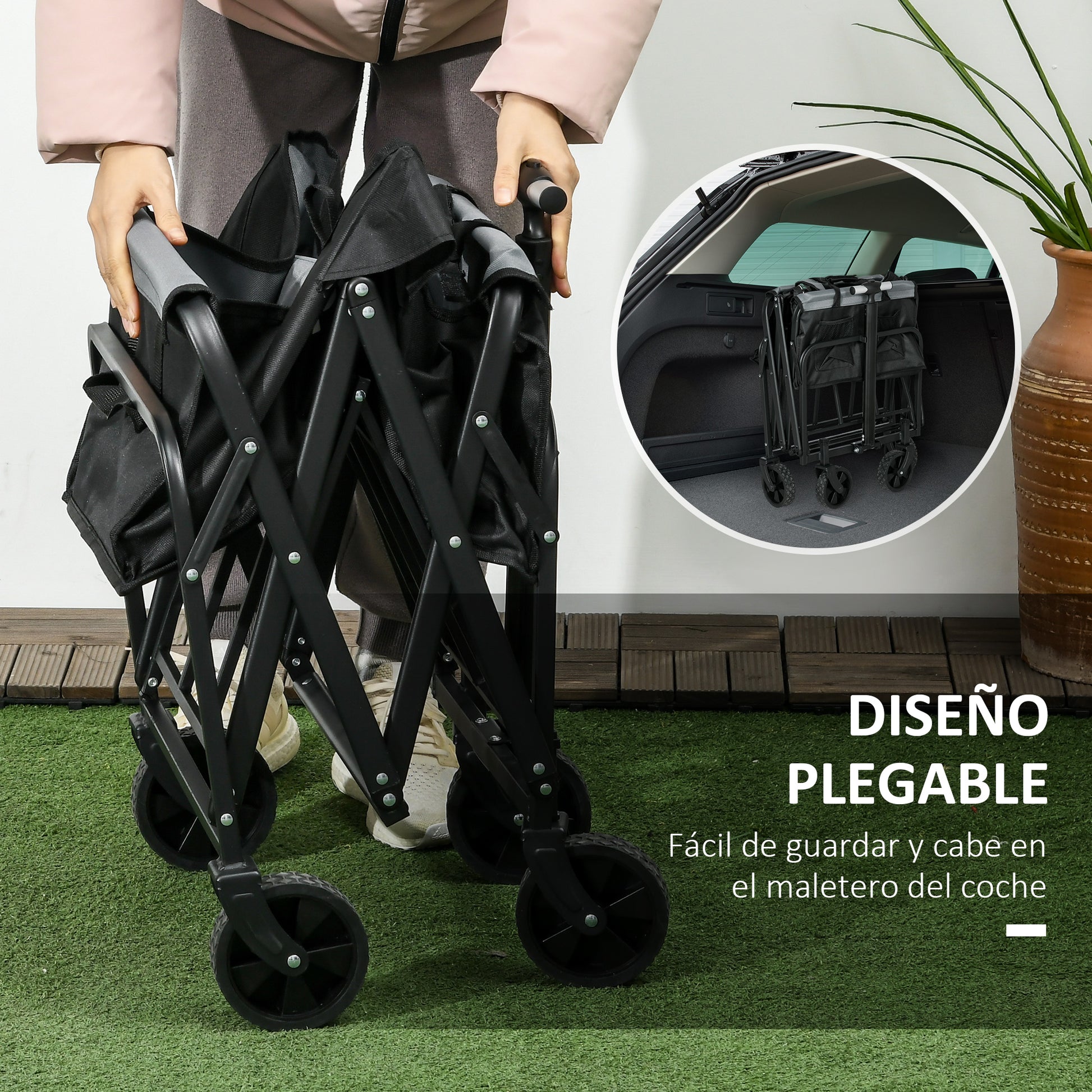 Garden Cart Beach Cart Folding Cart with 4 Adjustable Wheels Length and Angle of Handle Adjustable 70 L Capacity 80 kg Load for Shopping Camping Black