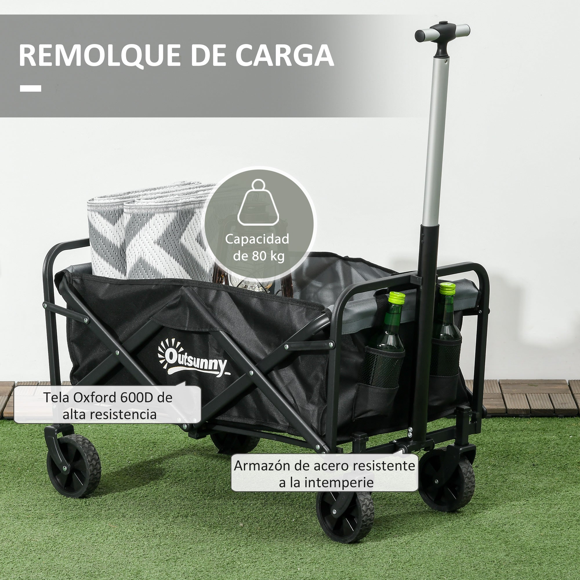 Garden Cart Beach Cart Folding Cart with 4 Adjustable Wheels Length and Angle of Handle Adjustable 70 L Capacity 80 kg Load for Shopping Camping Black