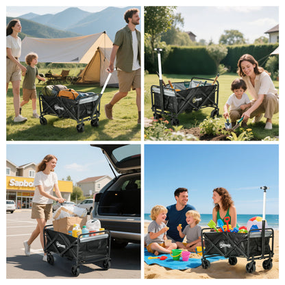 Garden Cart Beach Cart Folding Cart with 4 Adjustable Wheels Length and Angle of Handle Adjustable 70 L Capacity 80 kg Load for Shopping Camping Black