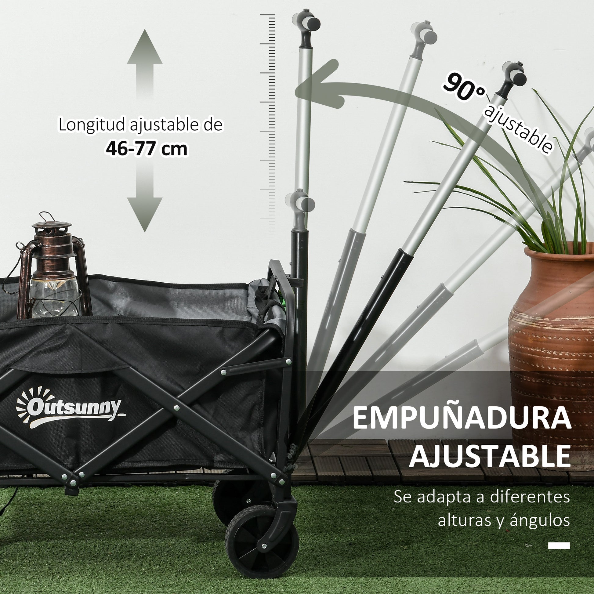 Garden Cart Beach Cart Folding Cart with 4 Adjustable Wheels Length and Angle of Handle Adjustable 70 L Capacity 80 kg Load for Shopping Camping Black
