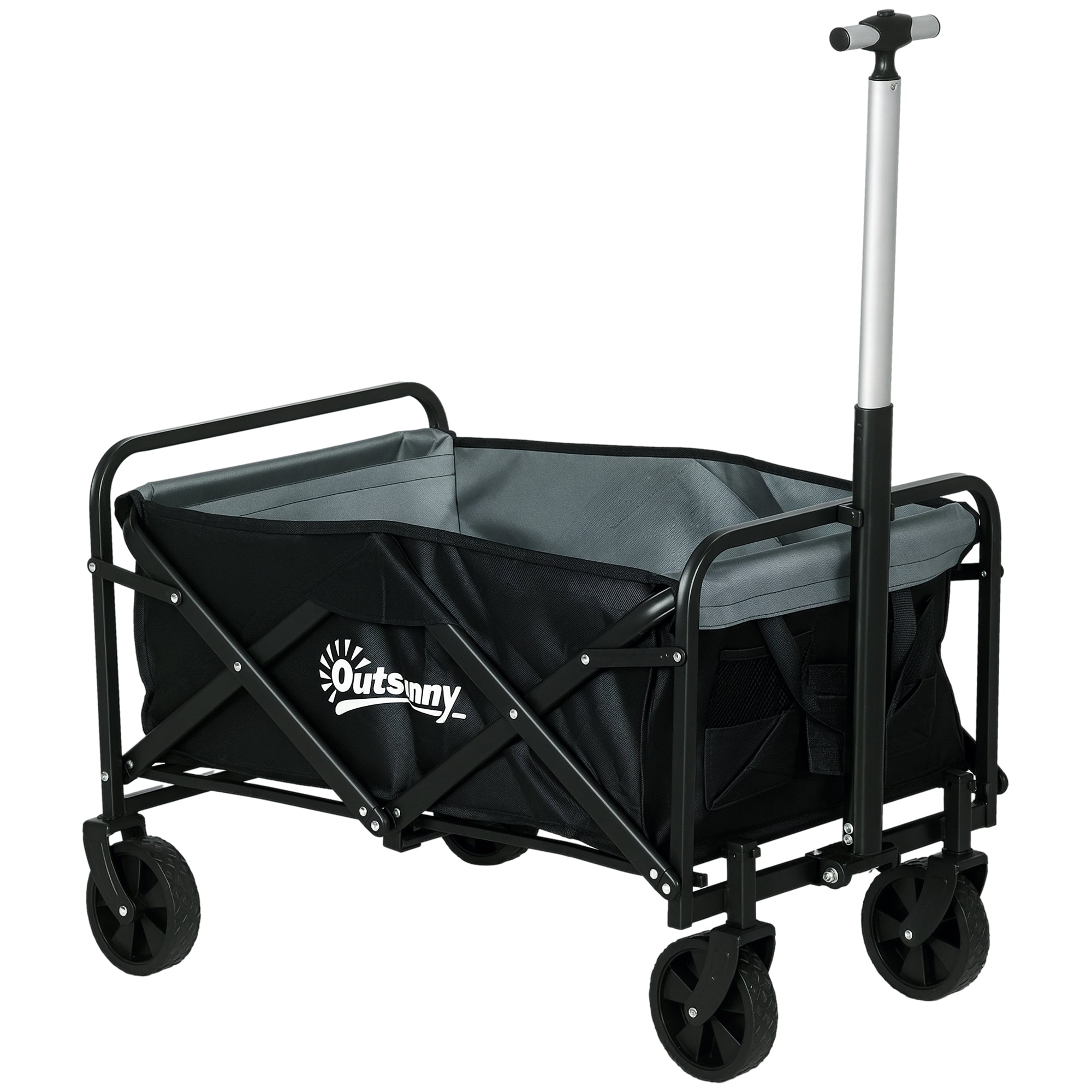 Garden Cart Beach Cart Folding Cart with 4 Adjustable Wheels Length and Angle of Handle Adjustable 70 L Capacity 80 kg Load for Shopping Camping Black