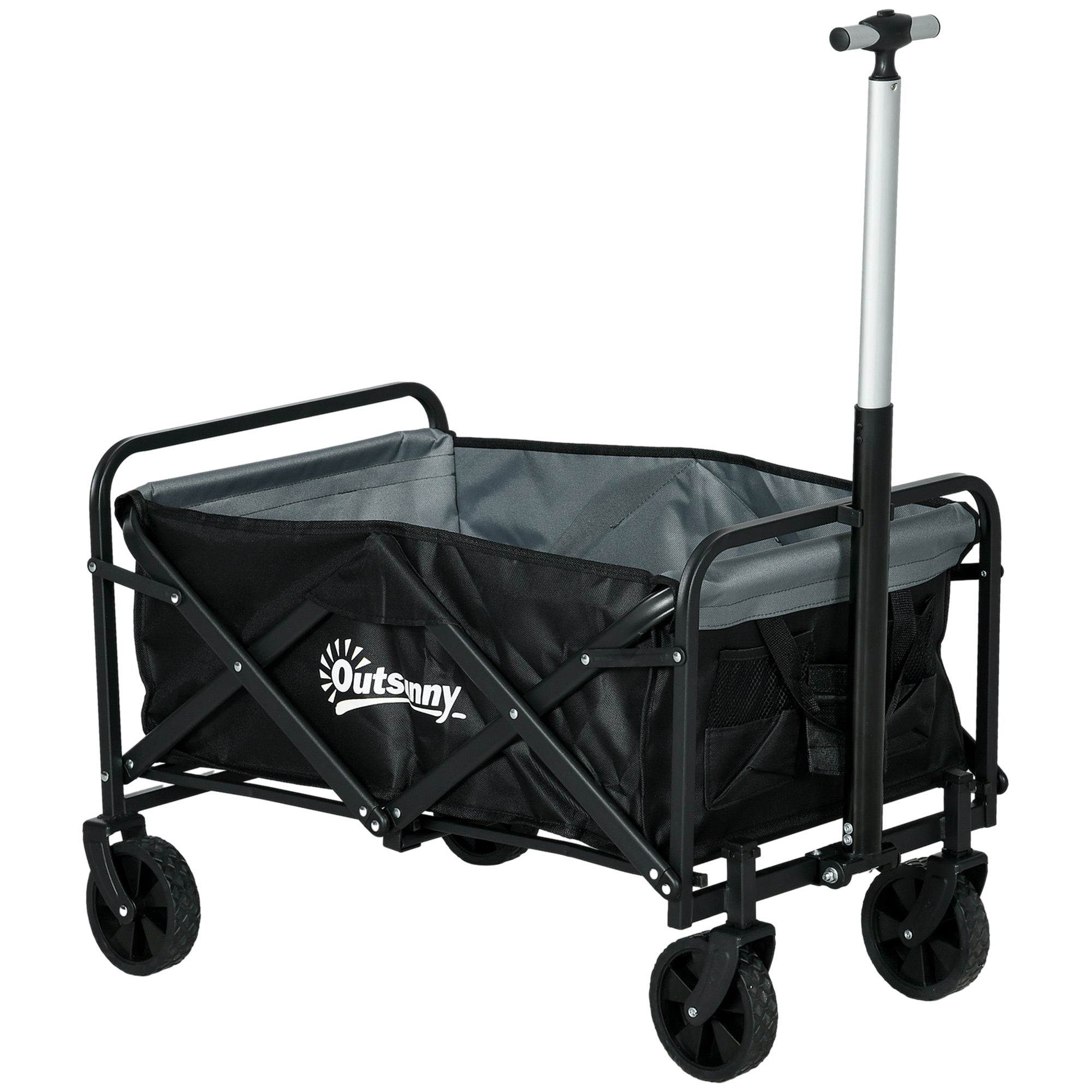 Garden Cart Beach Cart Folding Cart with 4 Adjustable Wheels Length and Angle of Handle Adjustable 70 L Capacity 80 kg Load for Shopping Camping Black