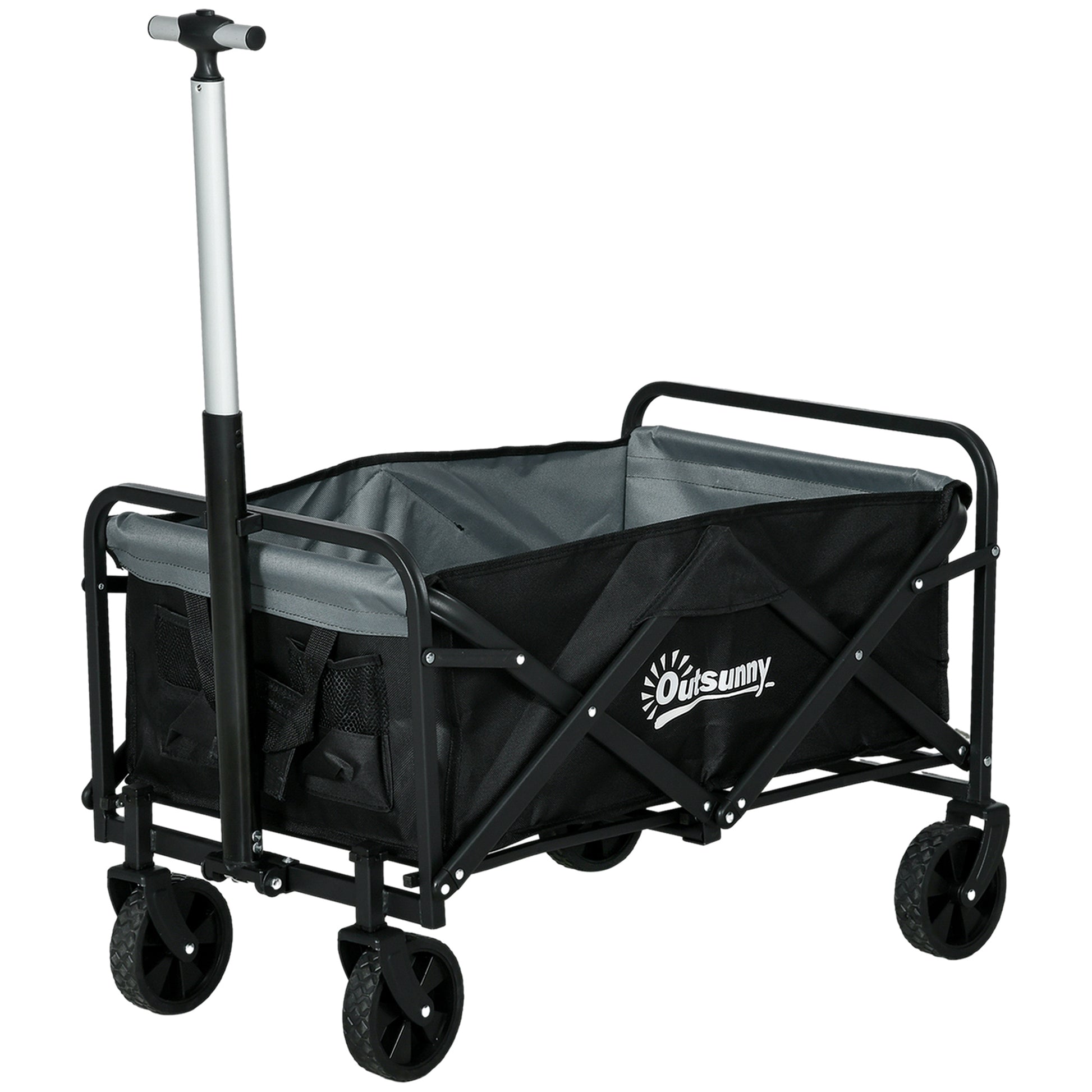 Garden Cart Beach Cart Folding Cart with 4 Adjustable Wheels Length and Angle of Handle Adjustable 70 L Capacity 80 kg Load for Shopping Camping Black