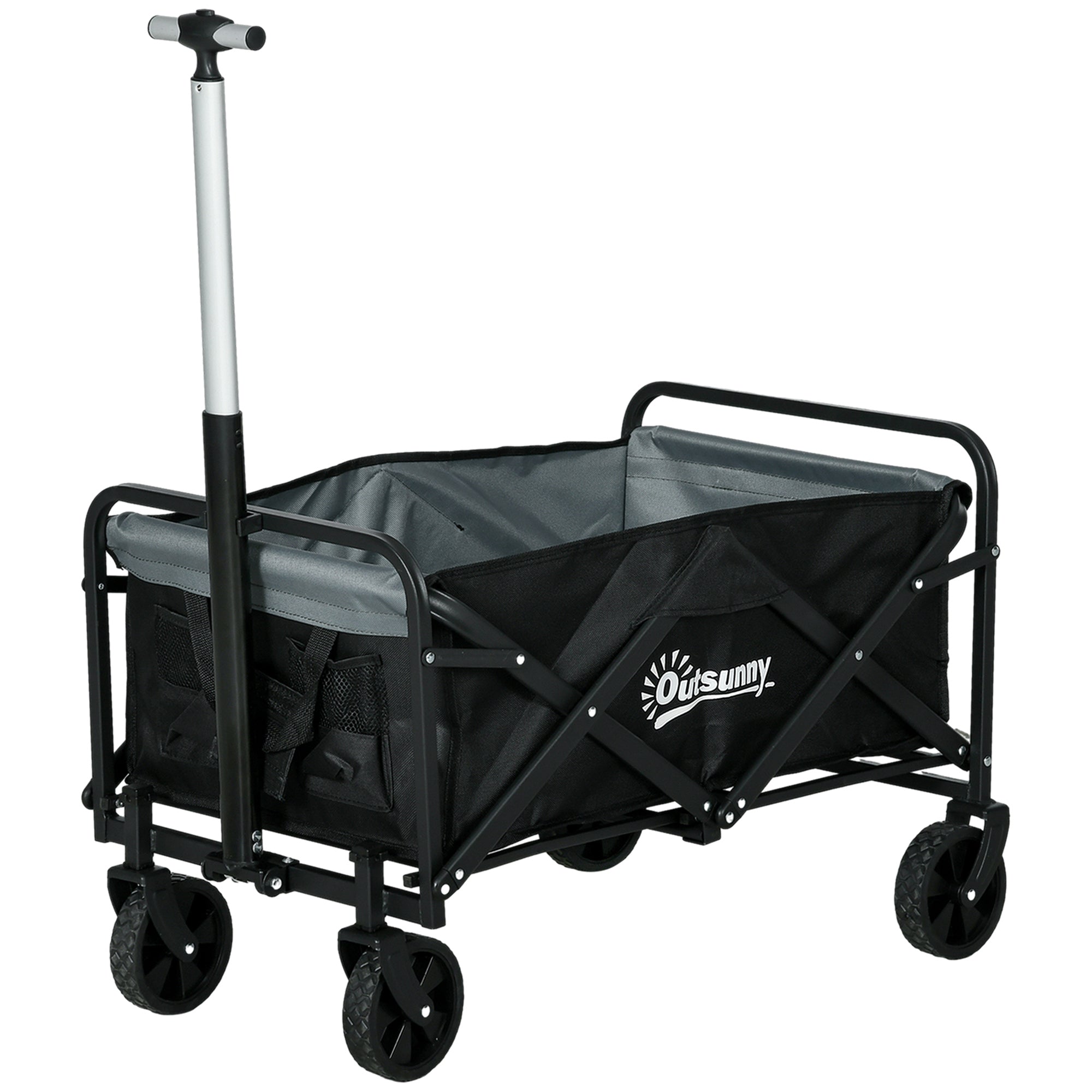 Garden Cart Beach Cart Folding Cart with 4 Adjustable Wheels Length and Angle of Handle Adjustable 70 L Capacity 80 kg Load for Shopping Camping Black