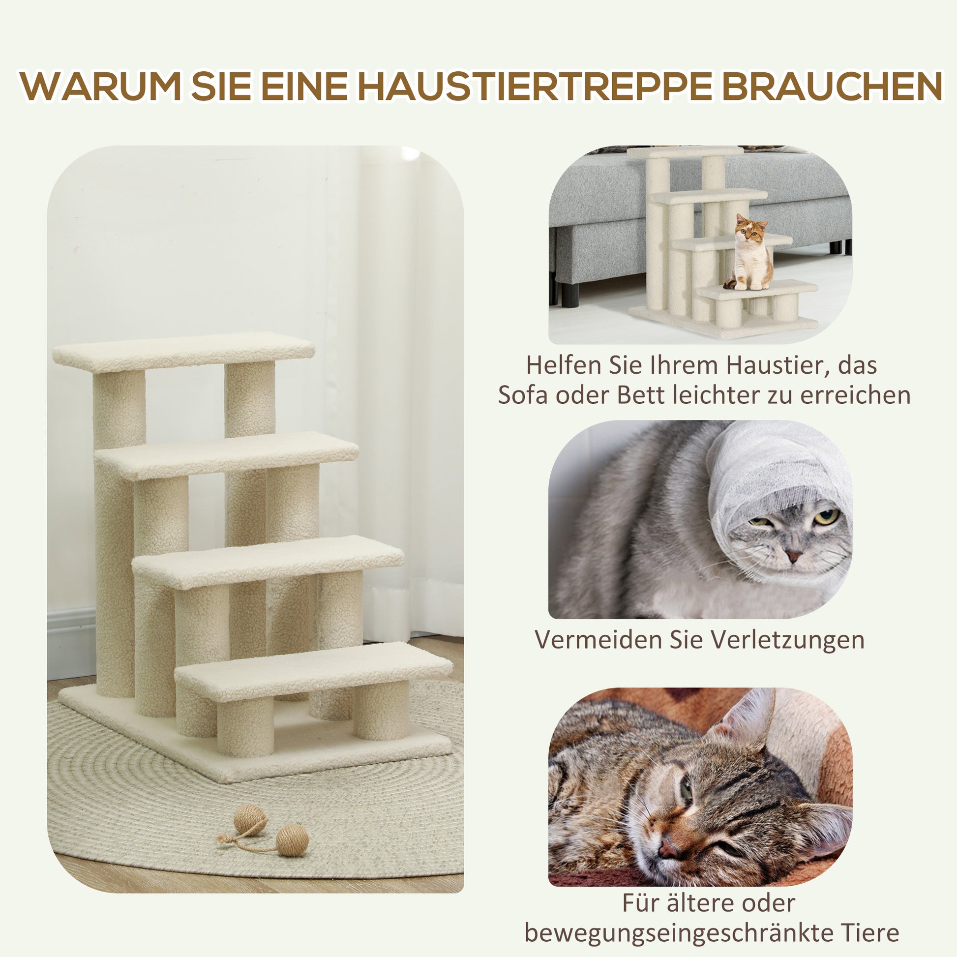 Pet Stairs Cat Stairs Dog Stairs Stairs for Cats and Dogs 4 Steps Cream 63.5x43x60cm