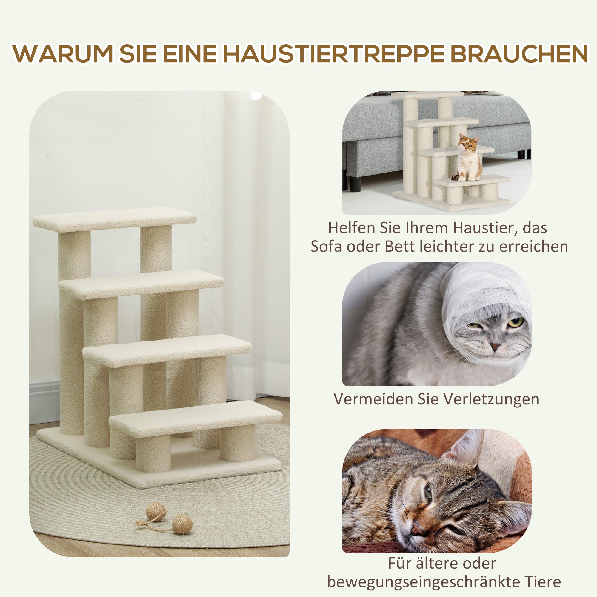 Pet Stairs Cat Stairs Dog Stairs Stairs for Cats and Dogs 4 Steps Cream 63.5x43x60cm