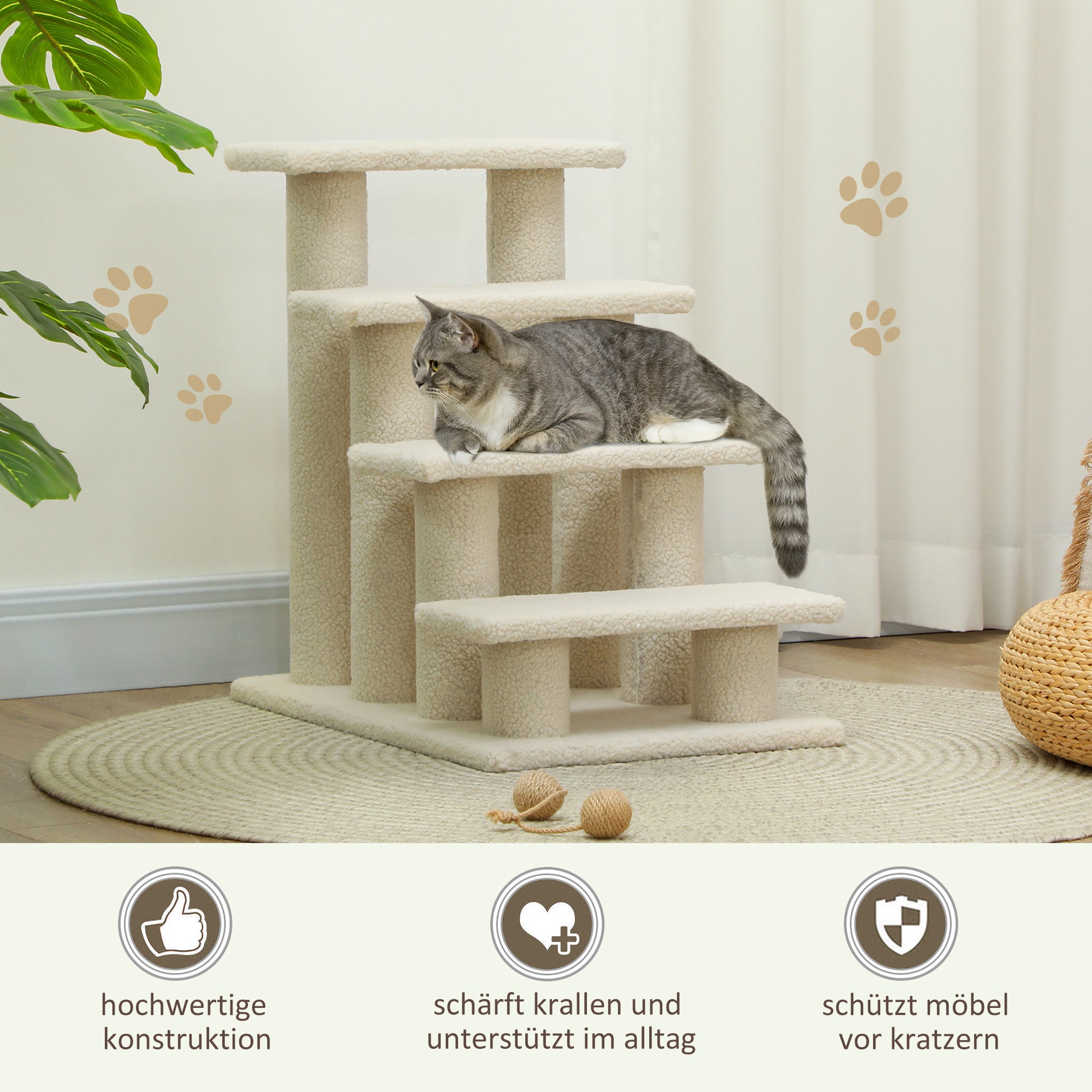 Pet Stairs Cat Stairs Dog Stairs Stairs for Cats and Dogs 4 Steps Cream 63.5x43x60cm