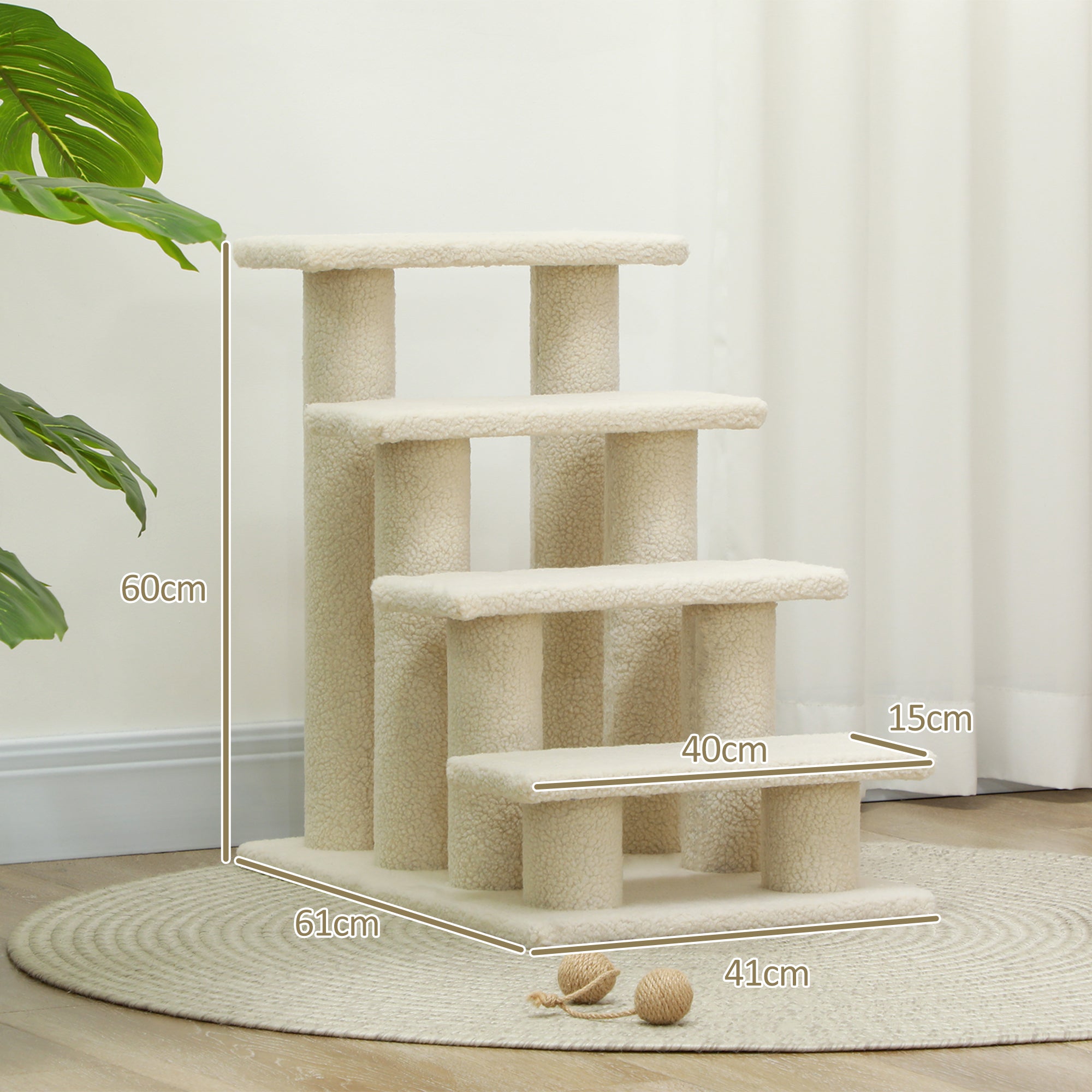 Pet Stairs Cat Stairs Dog Stairs Stairs for Cats and Dogs 4 Steps Cream 63.5x43x60cm