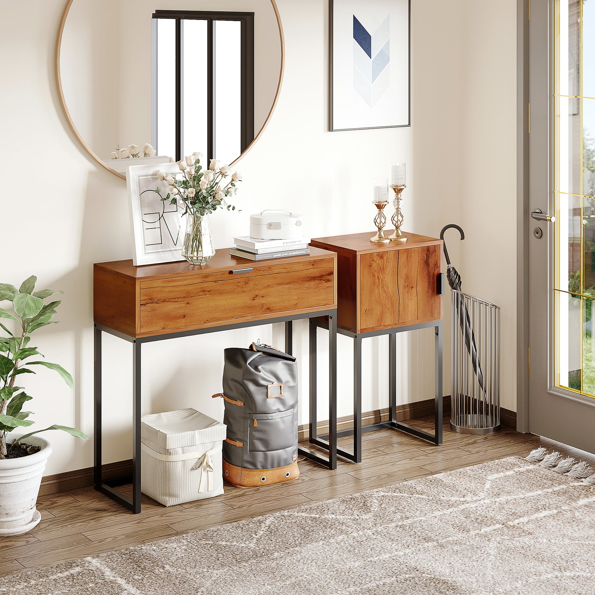 Console Table with Storage, Side Table in Industrial Design for Entryway, Living Room, Hallway, Steel, Natural, 40 x 30 x 76 cm