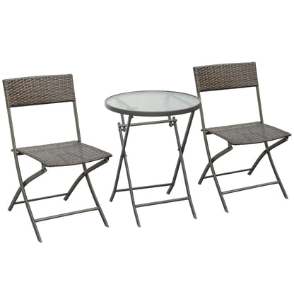 Garden Furniture Set Table and 2 Rattan Chairs with Folding Seats and Glass Table for Terrace Patio Brown