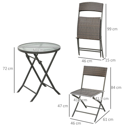 Garden Furniture Set Table and 2 Rattan Chairs with Folding Seats and Glass Table for Terrace Patio Brown