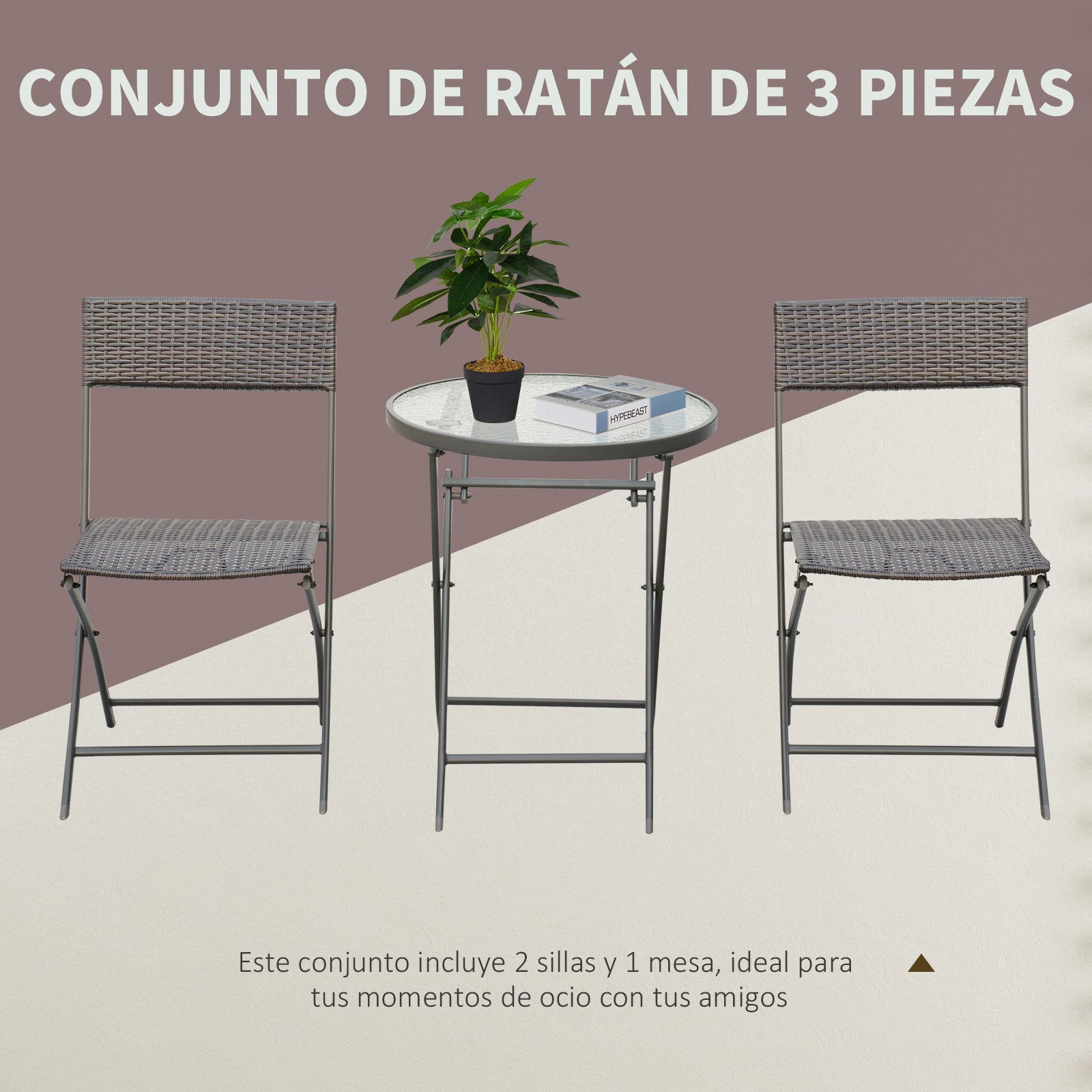 Garden Furniture Set Table and 2 Rattan Chairs with Folding Seats and Glass Table for Terrace Patio Brown
