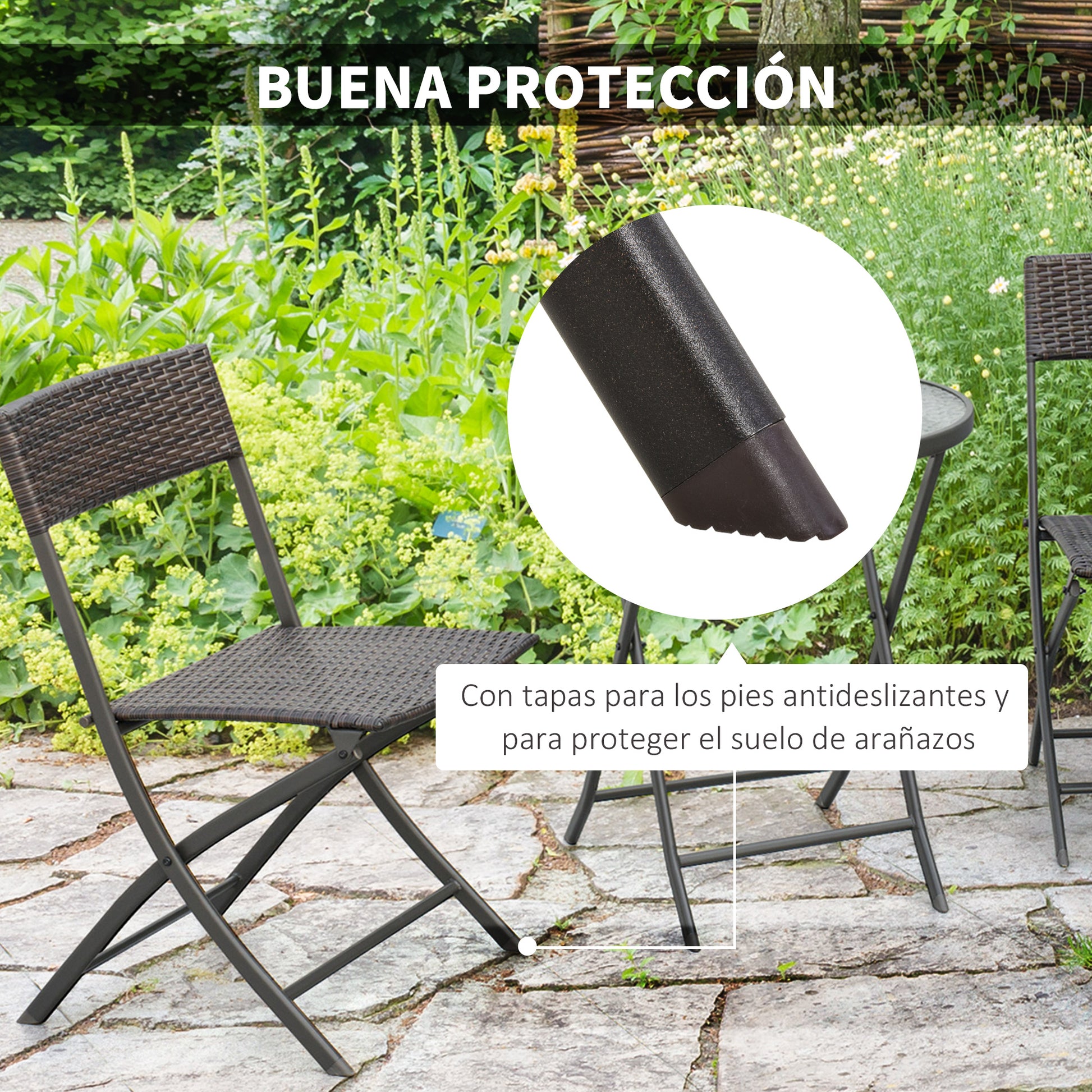 Garden Furniture Set Table and 2 Rattan Chairs with Folding Seats and Glass Table for Terrace Patio Brown