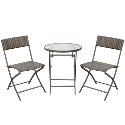 Garden Furniture Set Table and 2 Rattan Chairs with Folding Seats and Glass Table for Terrace Patio Brown