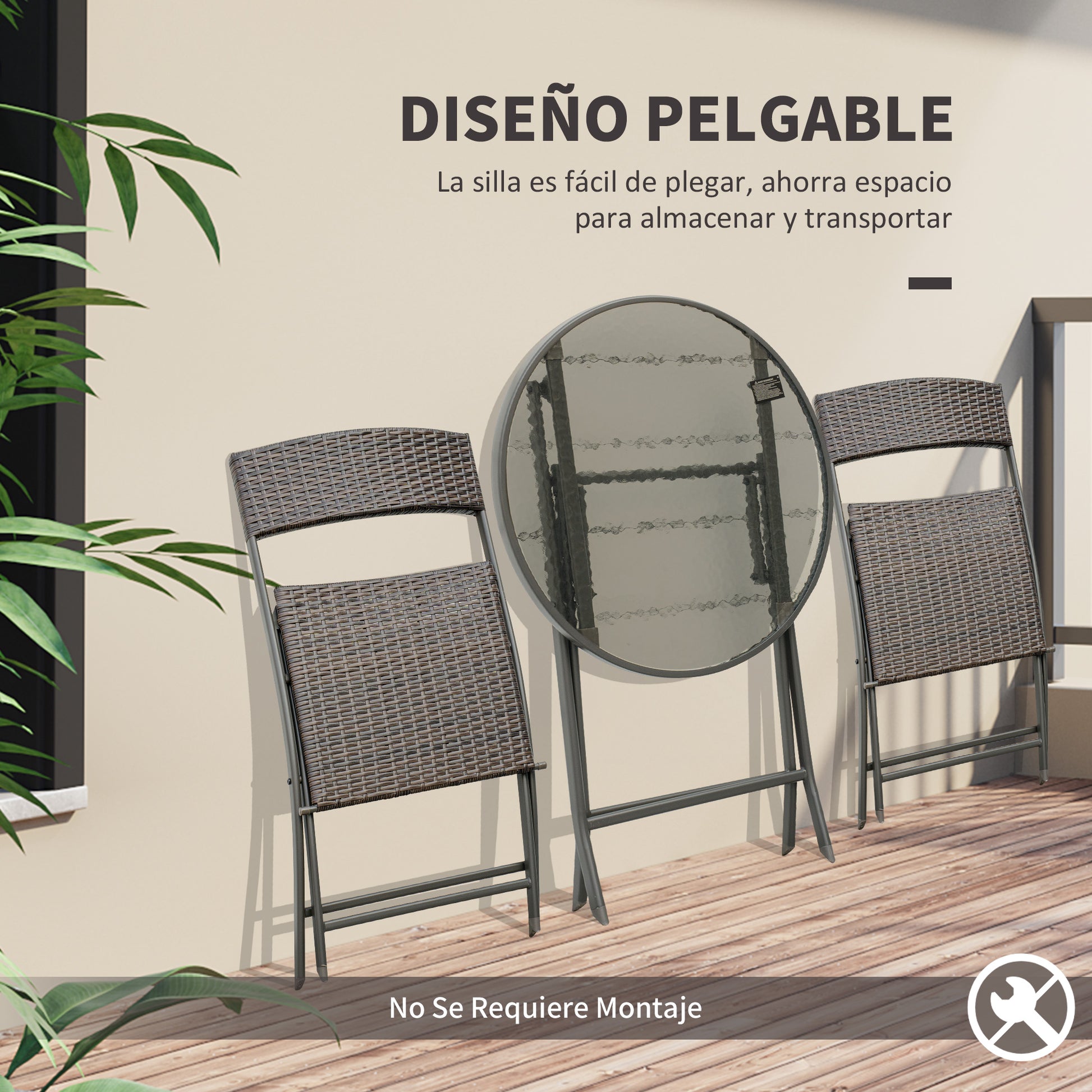 Garden Furniture Set Table and 2 Rattan Chairs with Folding Seats and Glass Table for Terrace Patio Brown