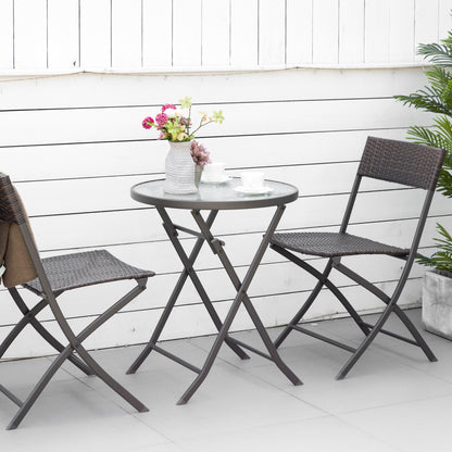 Garden Furniture Set Table and 2 Rattan Chairs with Folding Seats and Glass Table for Terrace Patio Brown