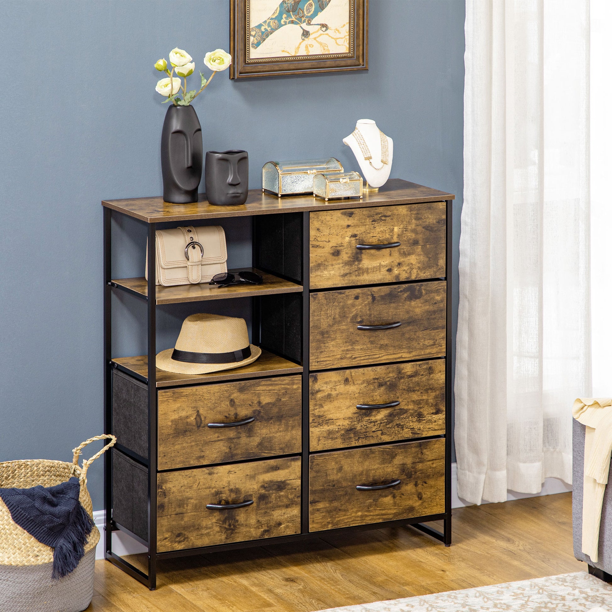Fabric Chest of Drawers Storage Cabinet with 6 Drawers, Shelving Unit with Steel Frame Cupboard for Bedroom, Living Room Rustic Brown