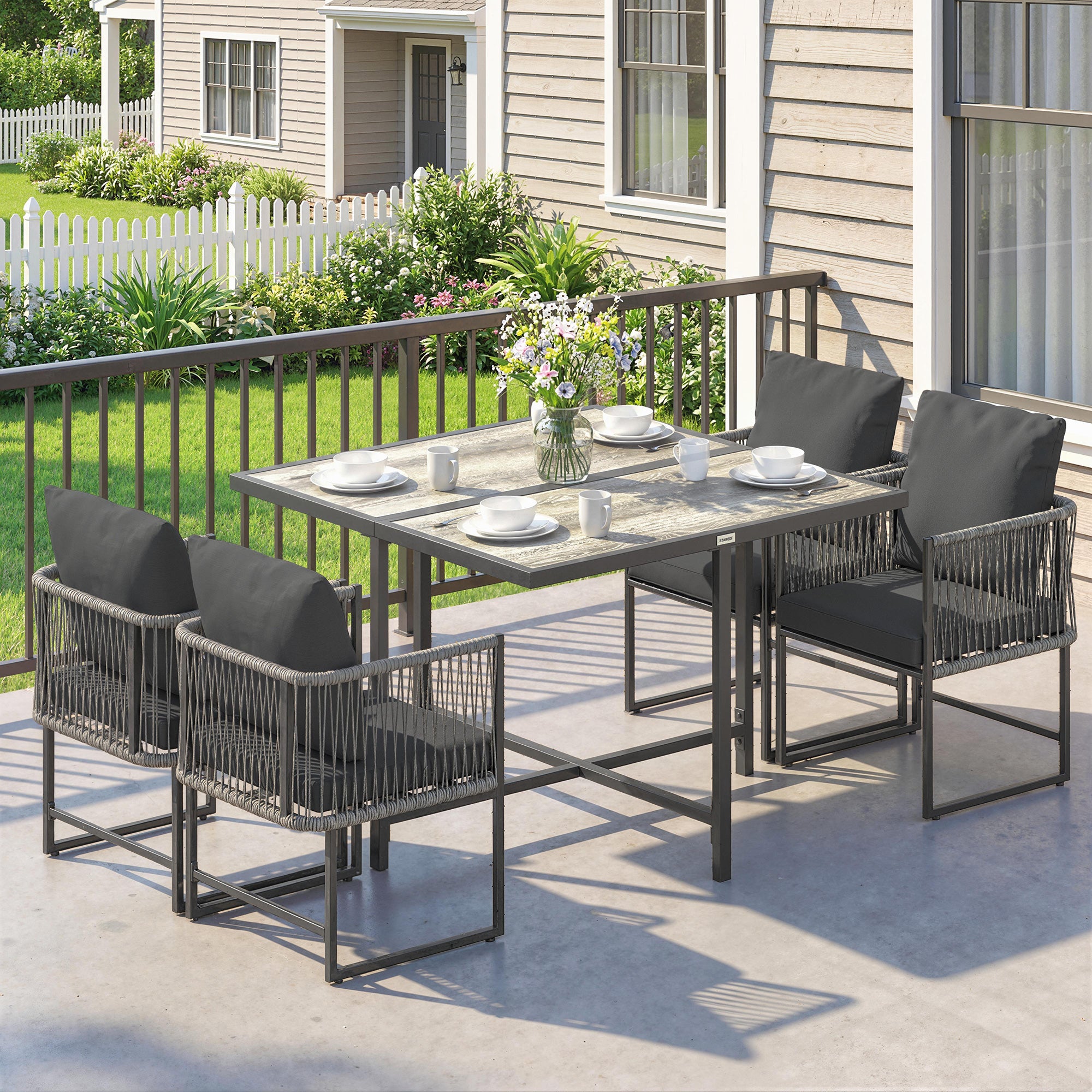 5-Piece Polyrattan Garden Furniture Set — Space-Saving Dining Set with Removable Cushions, Two-Part DPC Tabletop, Seats 4, for Garden Balcony Terrace