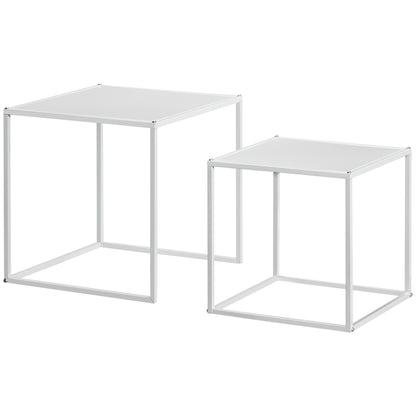 Square Coffee Table 2-Piece Set, Side Table in Modern Design, Steel Frame, Stackable, Coffee Table End Table for Living Room Bedroom, White
