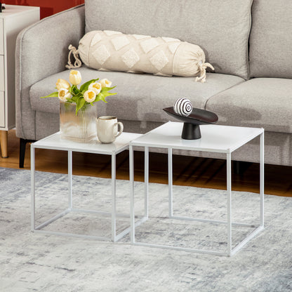 Square Coffee Table 2-Piece Set, Side Table in Modern Design, Steel Frame, Stackable, Coffee Table End Table for Living Room Bedroom, White