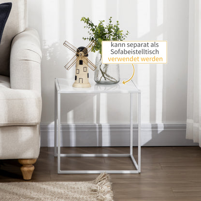 Square Coffee Table 2-Piece Set, Side Table in Modern Design, Steel Frame, Stackable, Coffee Table End Table for Living Room Bedroom, White